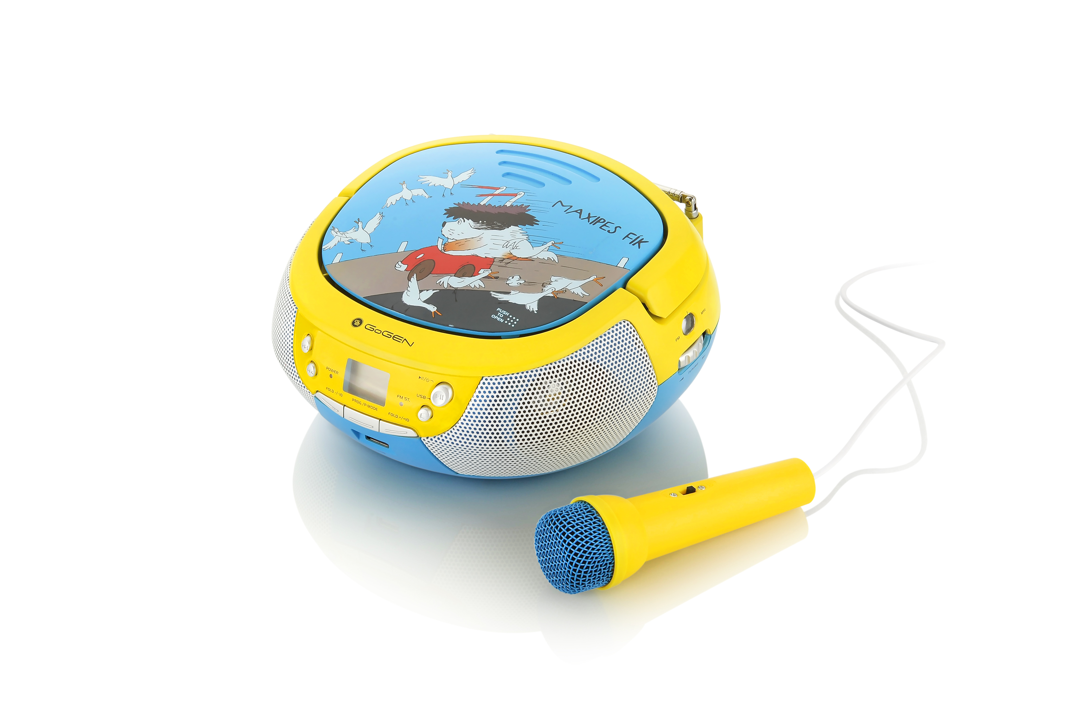 Lettore CD giallo e blu con microfono. Il lettore ha una grafica a cartoni animati. Sfondo bianco.