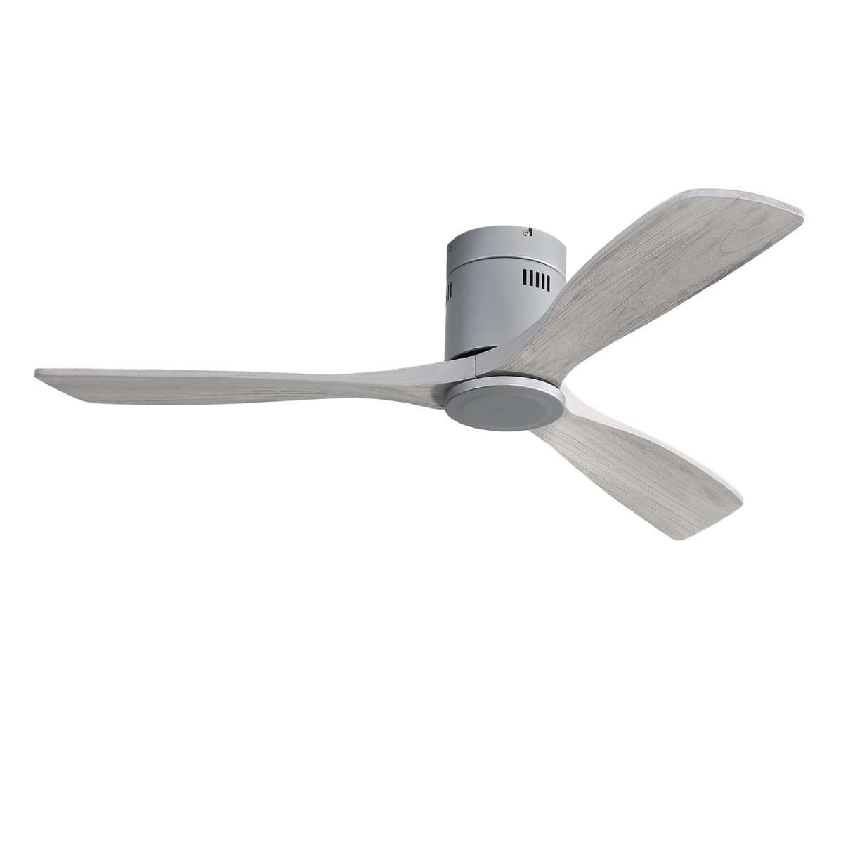 Deckenventilator mit drei grauen Holzflügeln und grauem Motorgehäuse.