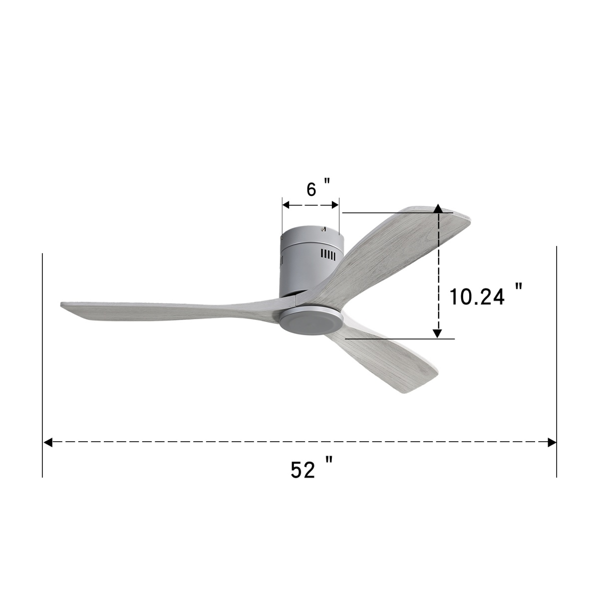 Ein Deckenventilator mit drei Flügeln und im Bild beschrifteten Abmessungen.
