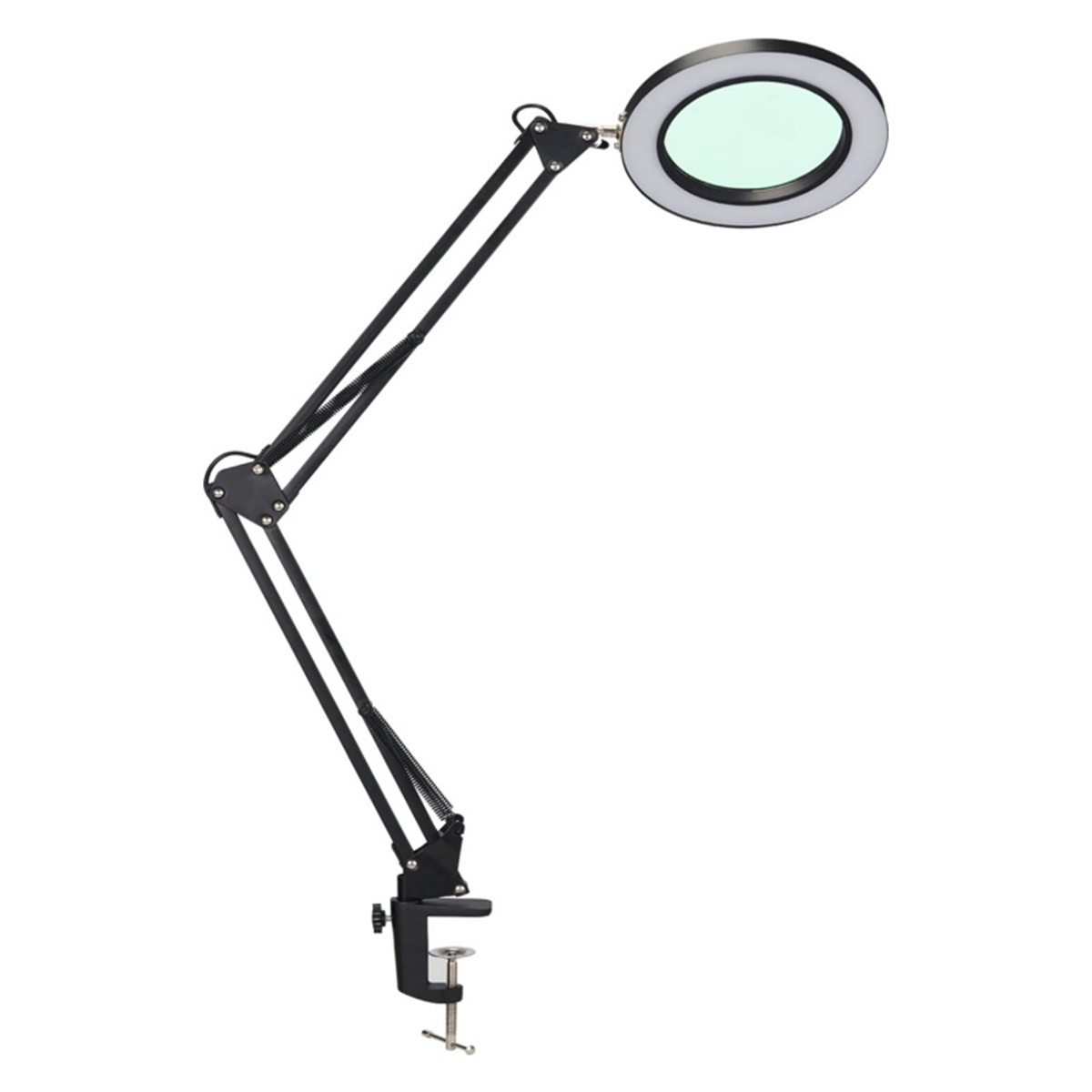 Schwarze Lupe mit Klemme. Die Lampe hat ein kreisförmiges Licht und verstellbare Arme.