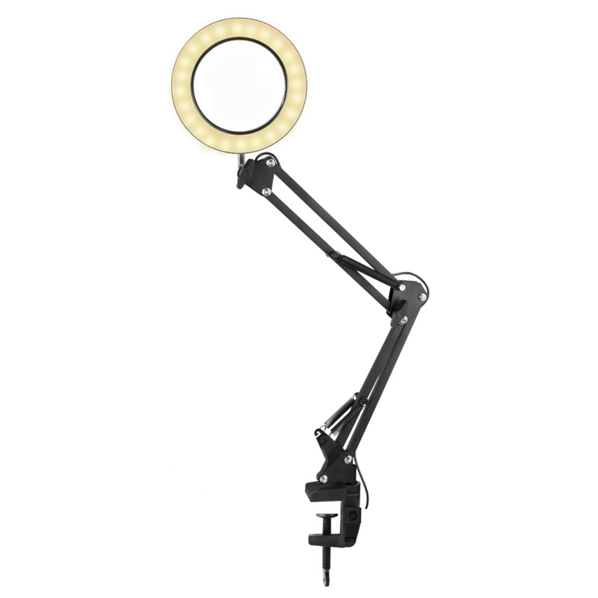 Ein schwarzes Ringlicht mit verstellbarem Arm und Klemme. Es ist ein helles Licht auf weißem Hintergrund.