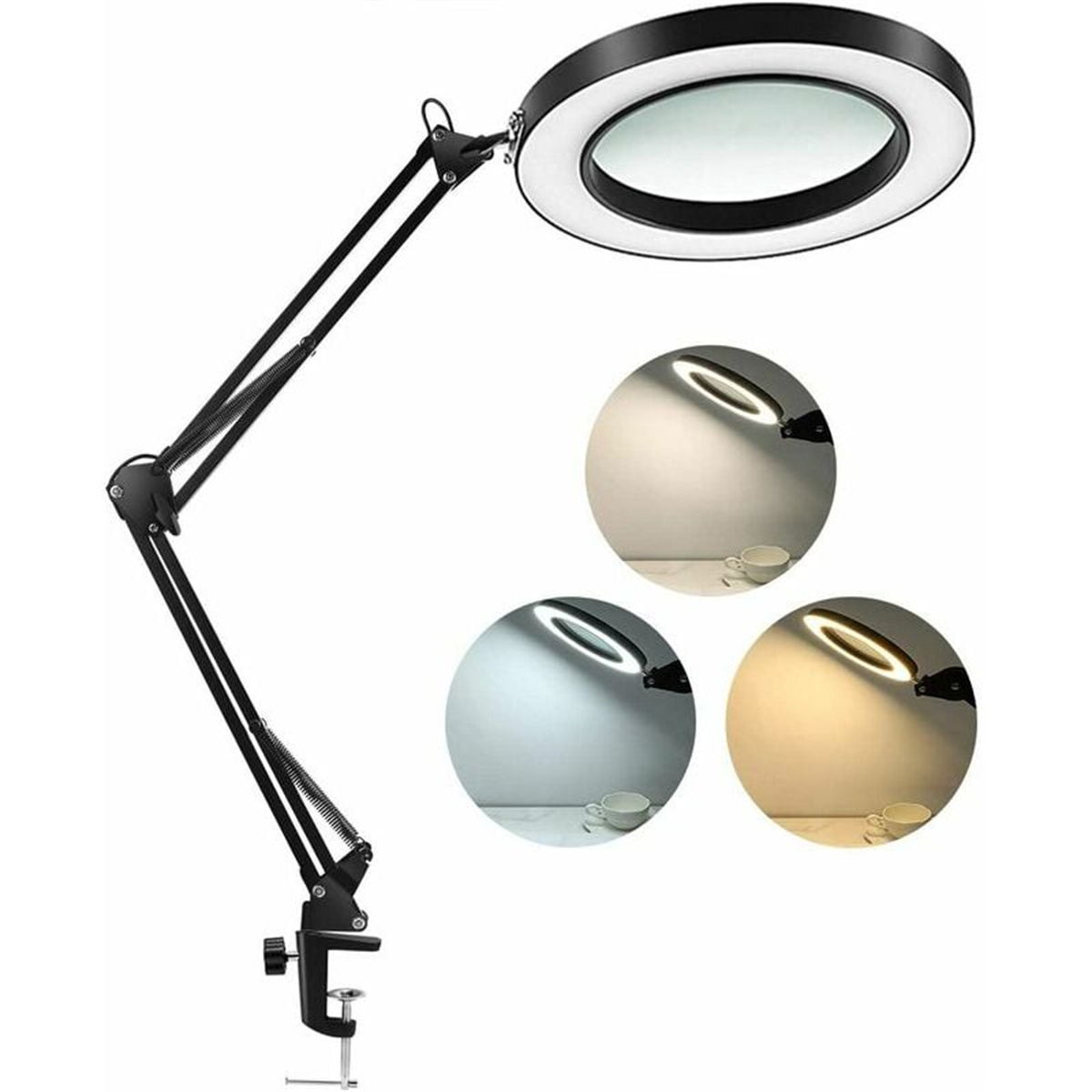 Einstellbare Lupenlampe mit kreisförmigem Licht, zeigt drei Beleuchtungsmodi.