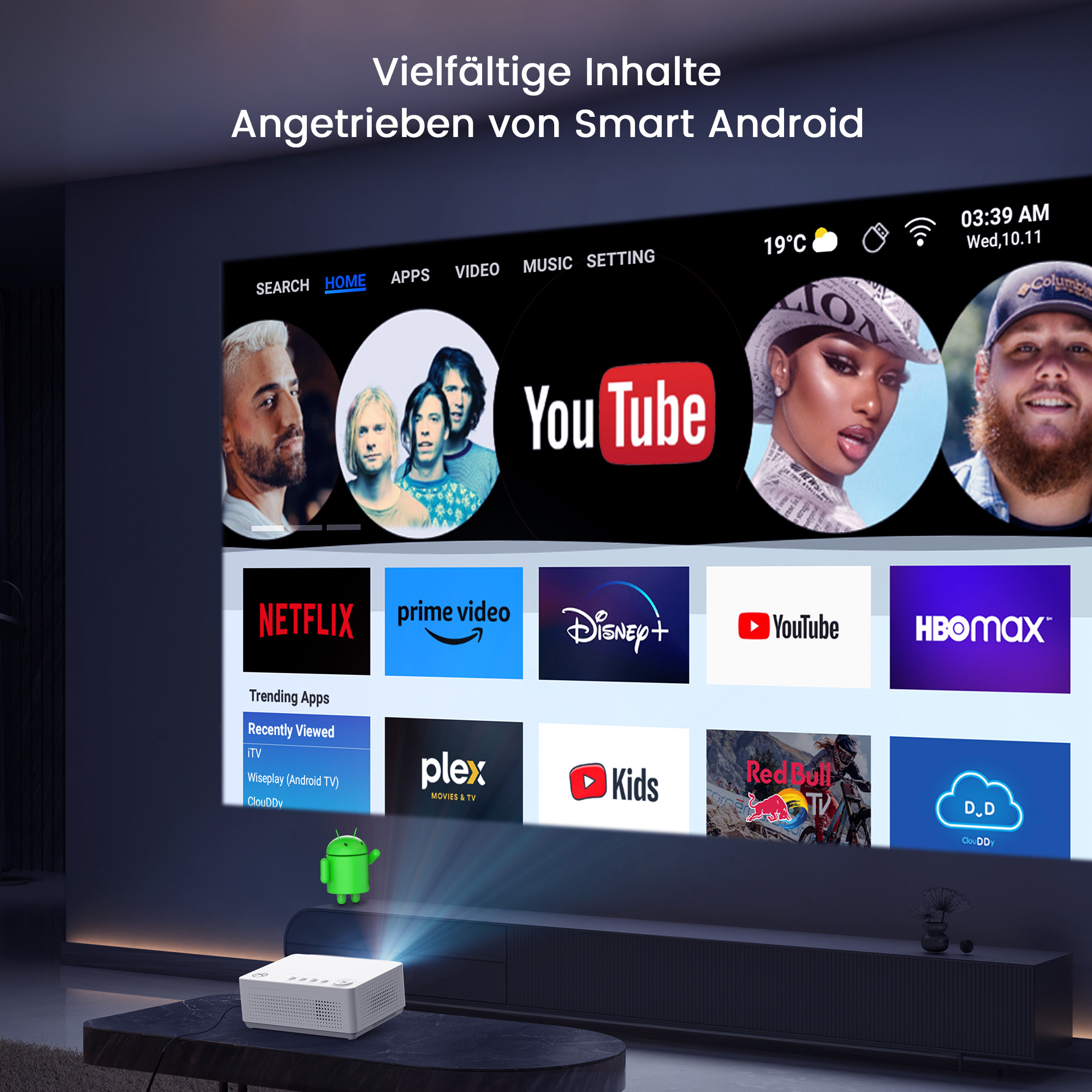 Ein Projektor, der einen Bildschirm mit Apps und Gesichtern projiziert; Android-Logo sichtbar.