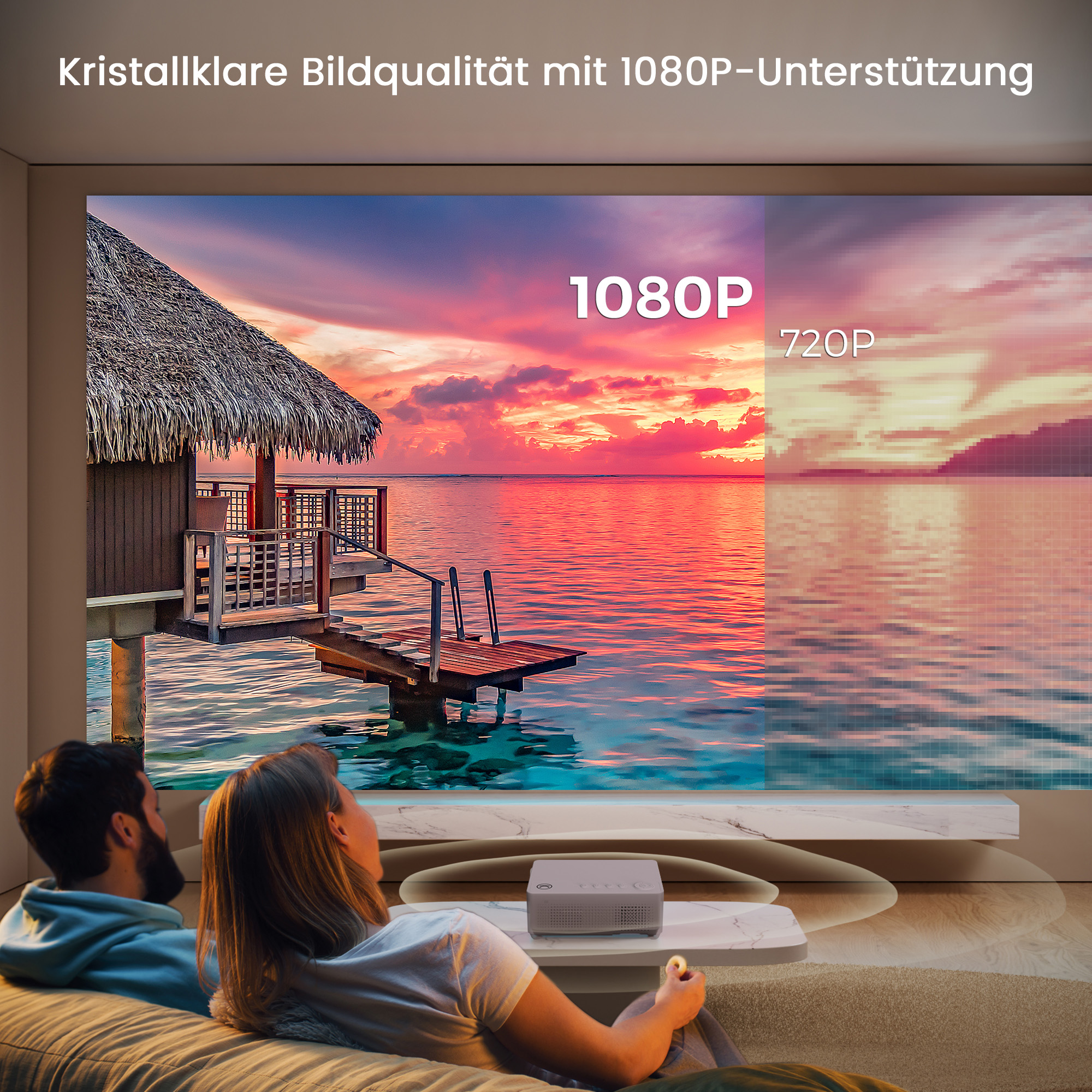 Paar sieht sich einen Sonnenuntergang an, der auf eine Leinwand projiziert wird. Bild zeigt Auflösungen.