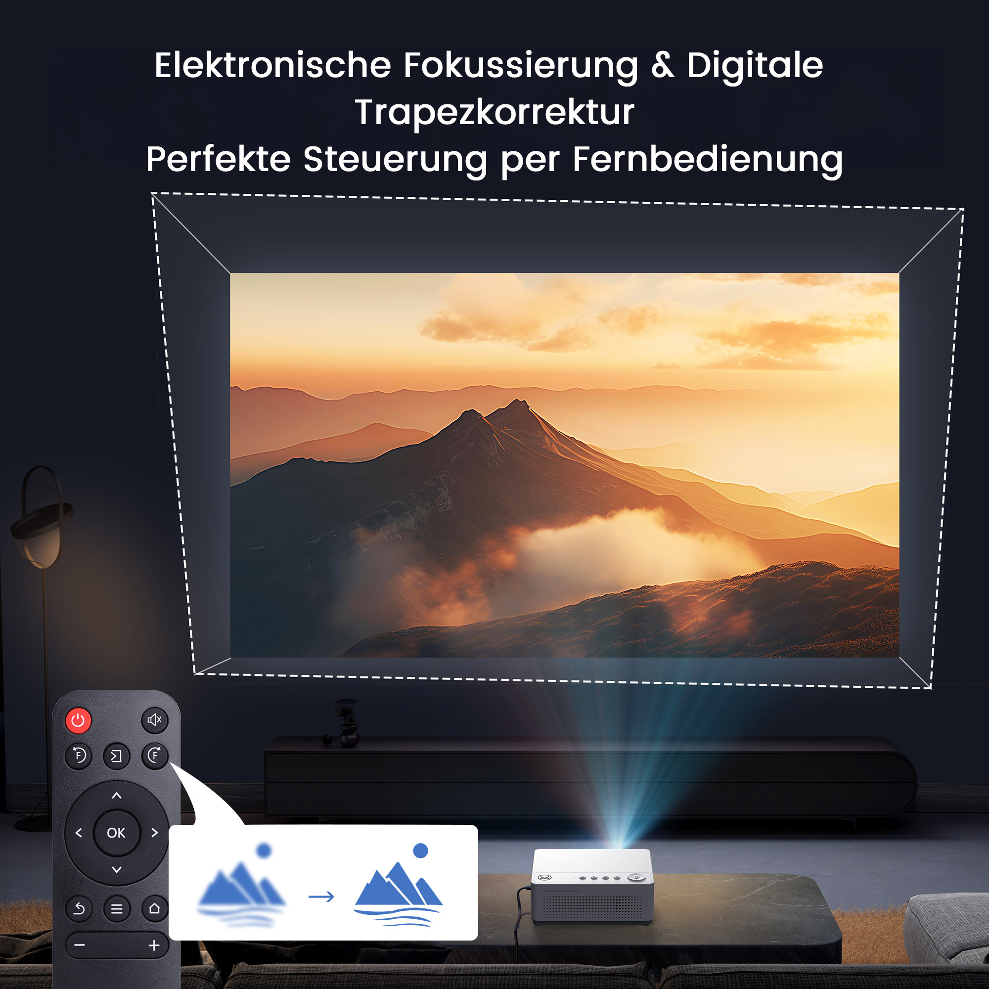Ein Projektor, der ein Landschaftsbild anzeigt, gesteuert durch Fernbedienung, mit Tisch und Couch.