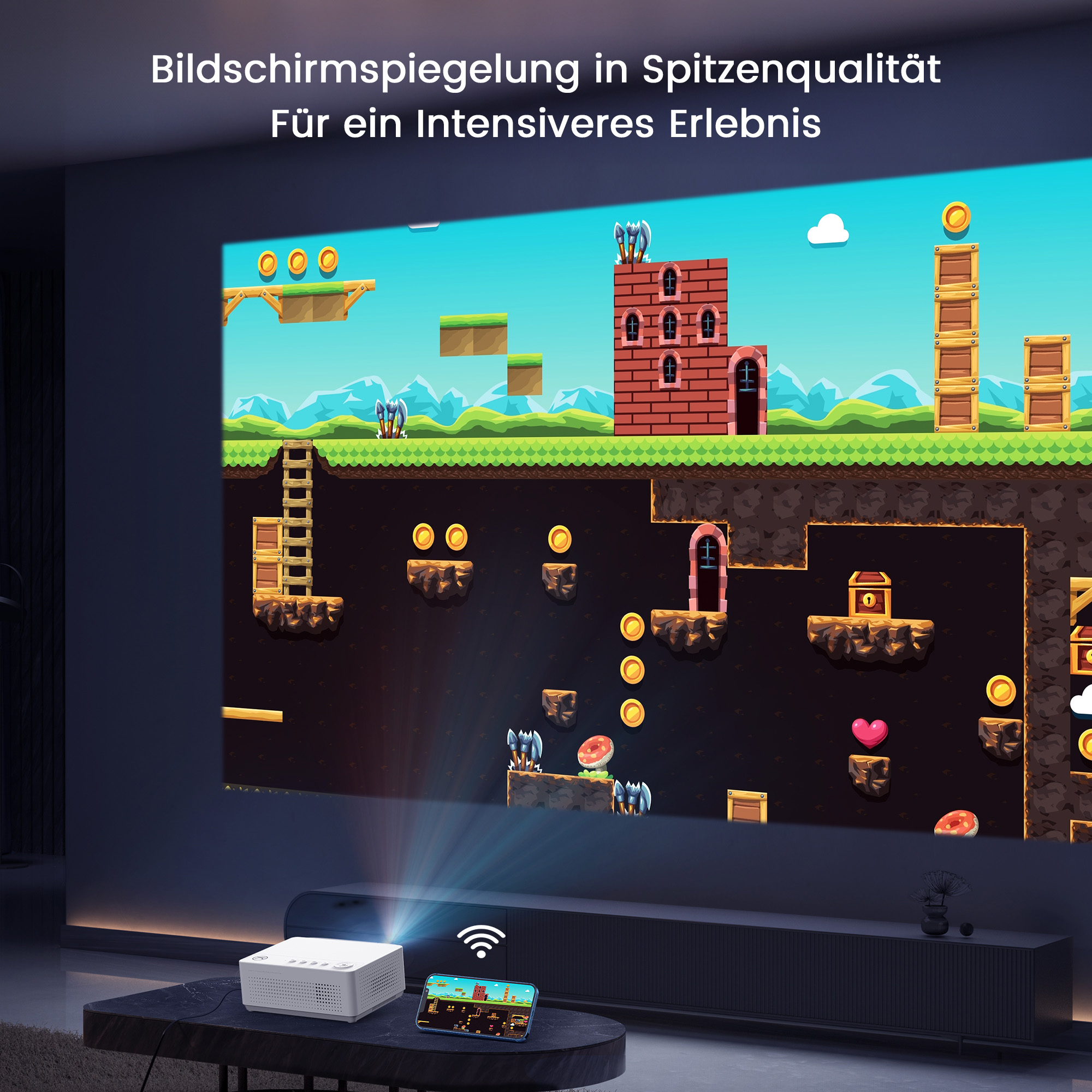Ein Spiel wird auf einer Leinwand projiziert, mit einem Projektor, Smartphone und Tisch in einem dunklen Raum.