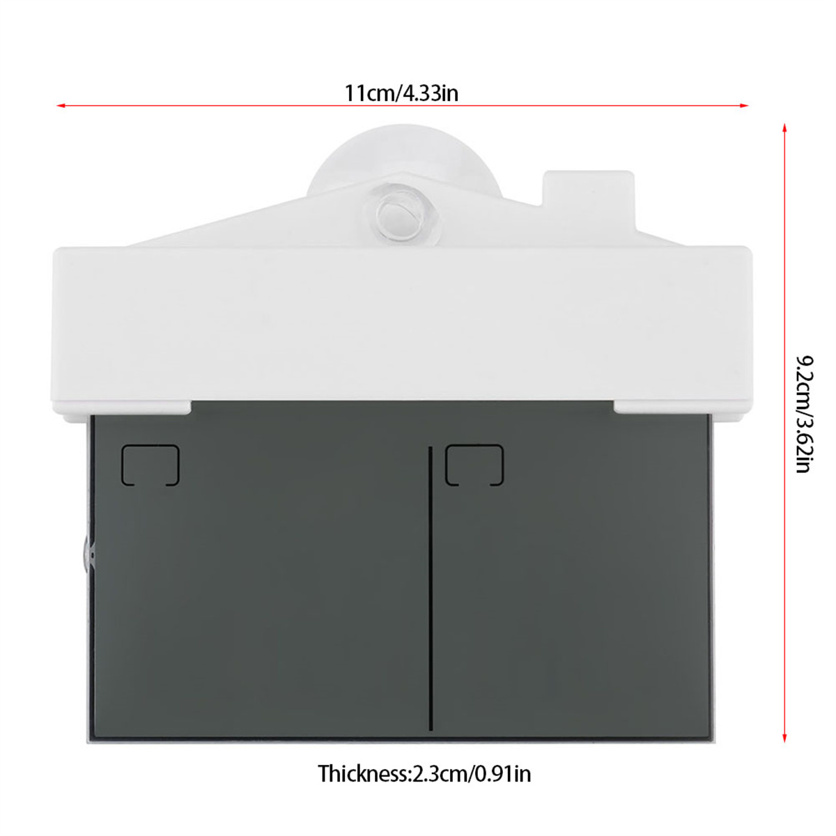 Ein weißer Toilettenpapierhalter mit Abmessungen und Maßen in Zoll.