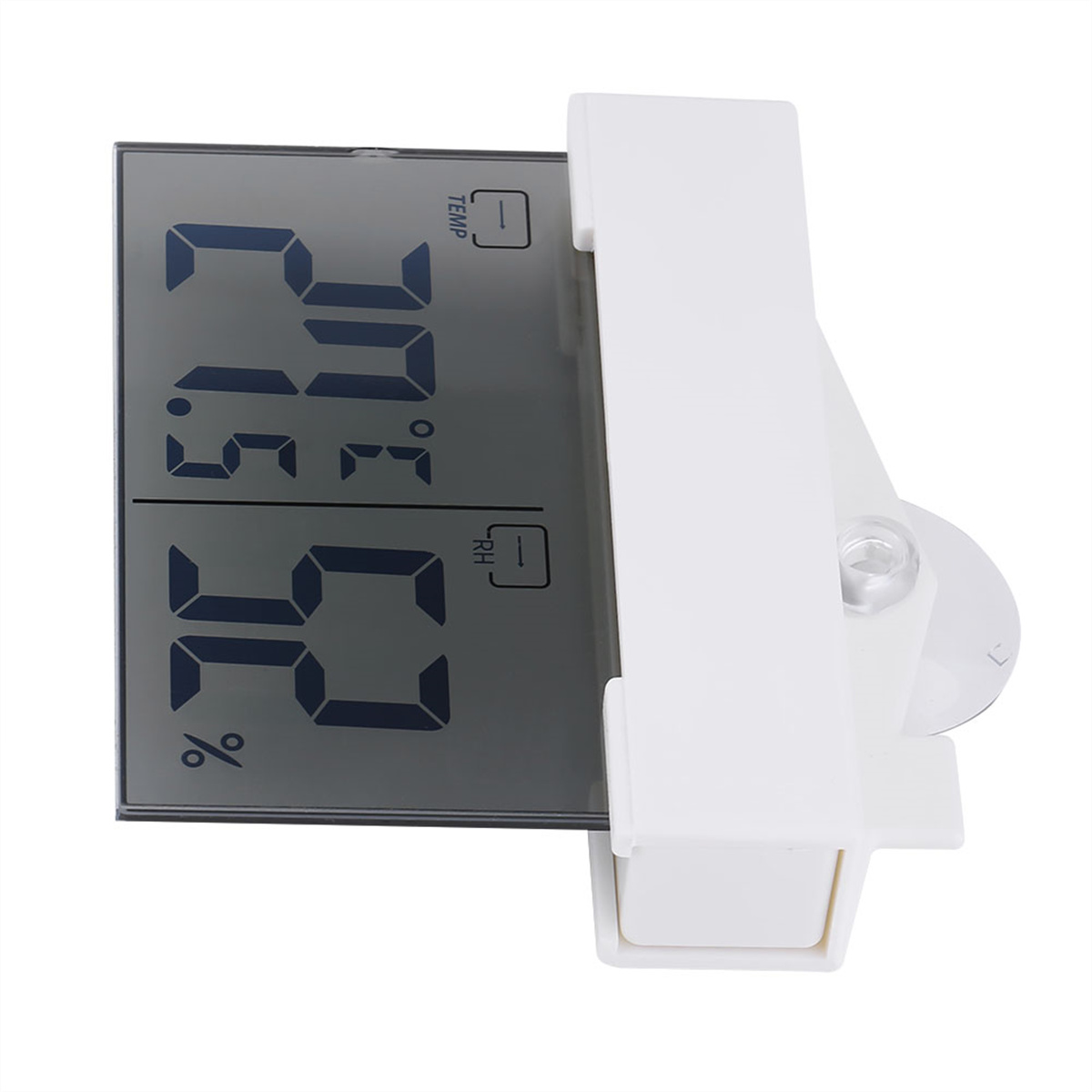 Digitales Thermometer mit Temperatur- und Feuchtigkeitsmesswerten. Weißer Rahmen mit Saugnapf.
