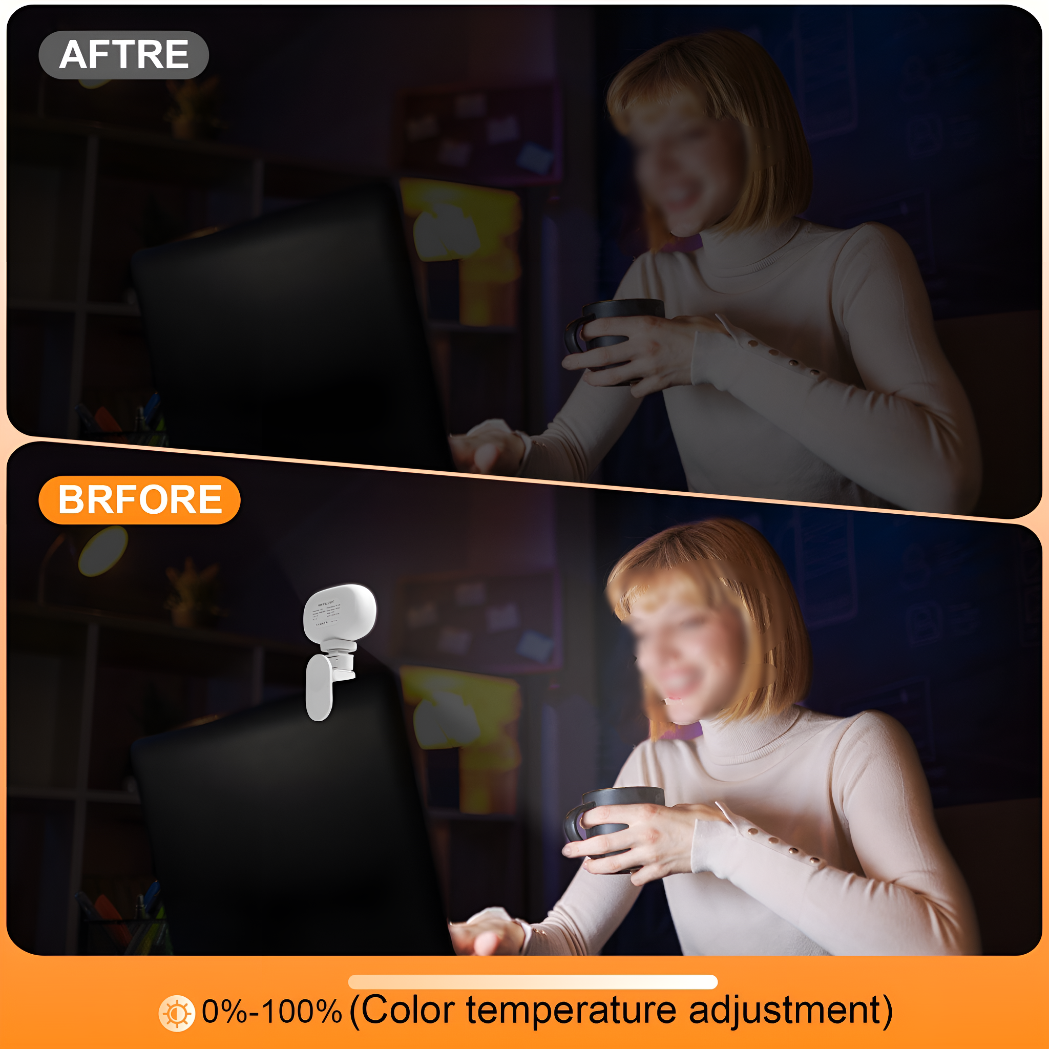 Vorher-Nachher-Bilder einer Frau am Laptop mit Ringlicht.
