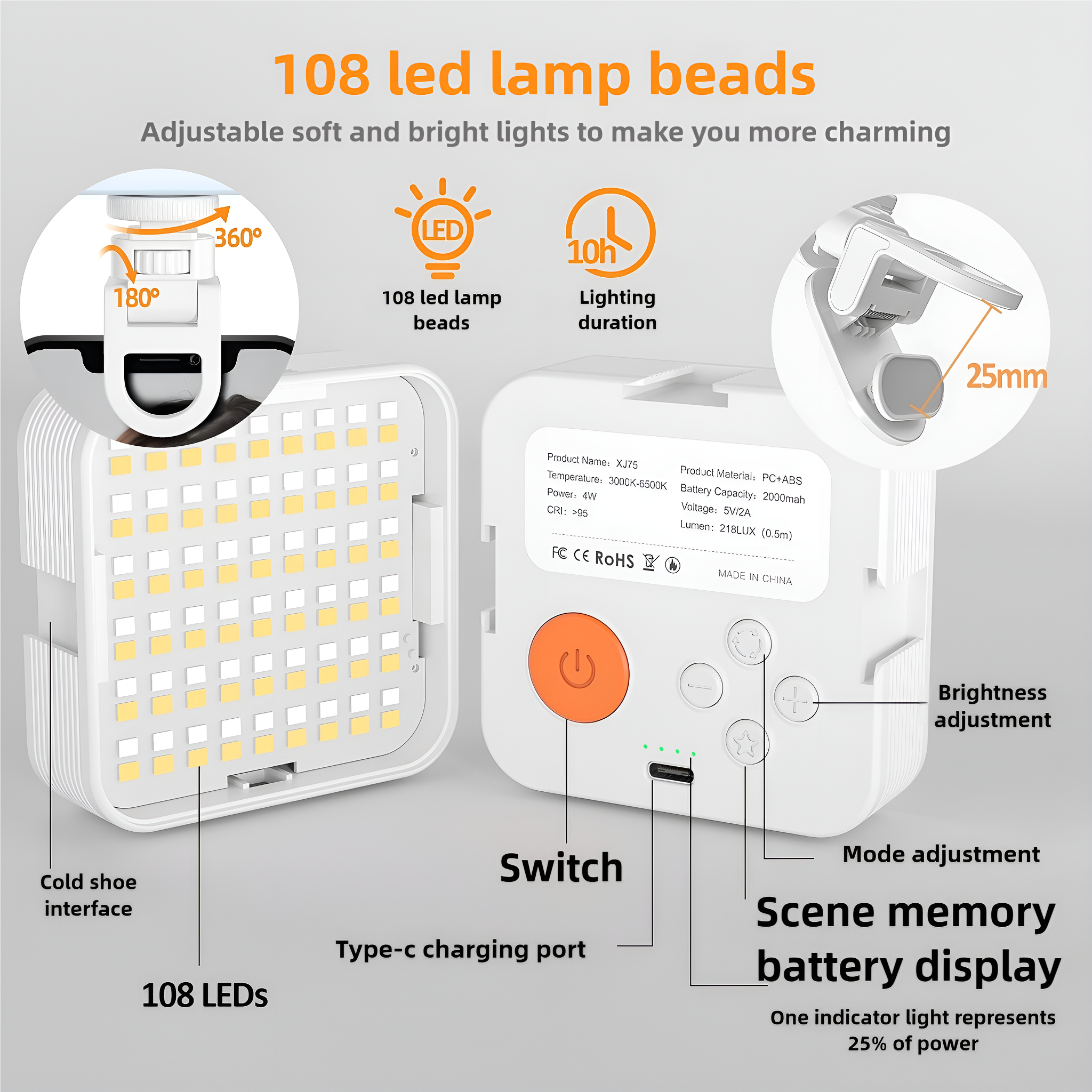 Weißes rechteckiges LED-Licht mit Text und Diagrammen, die Funktionen und Tasten zeigen.