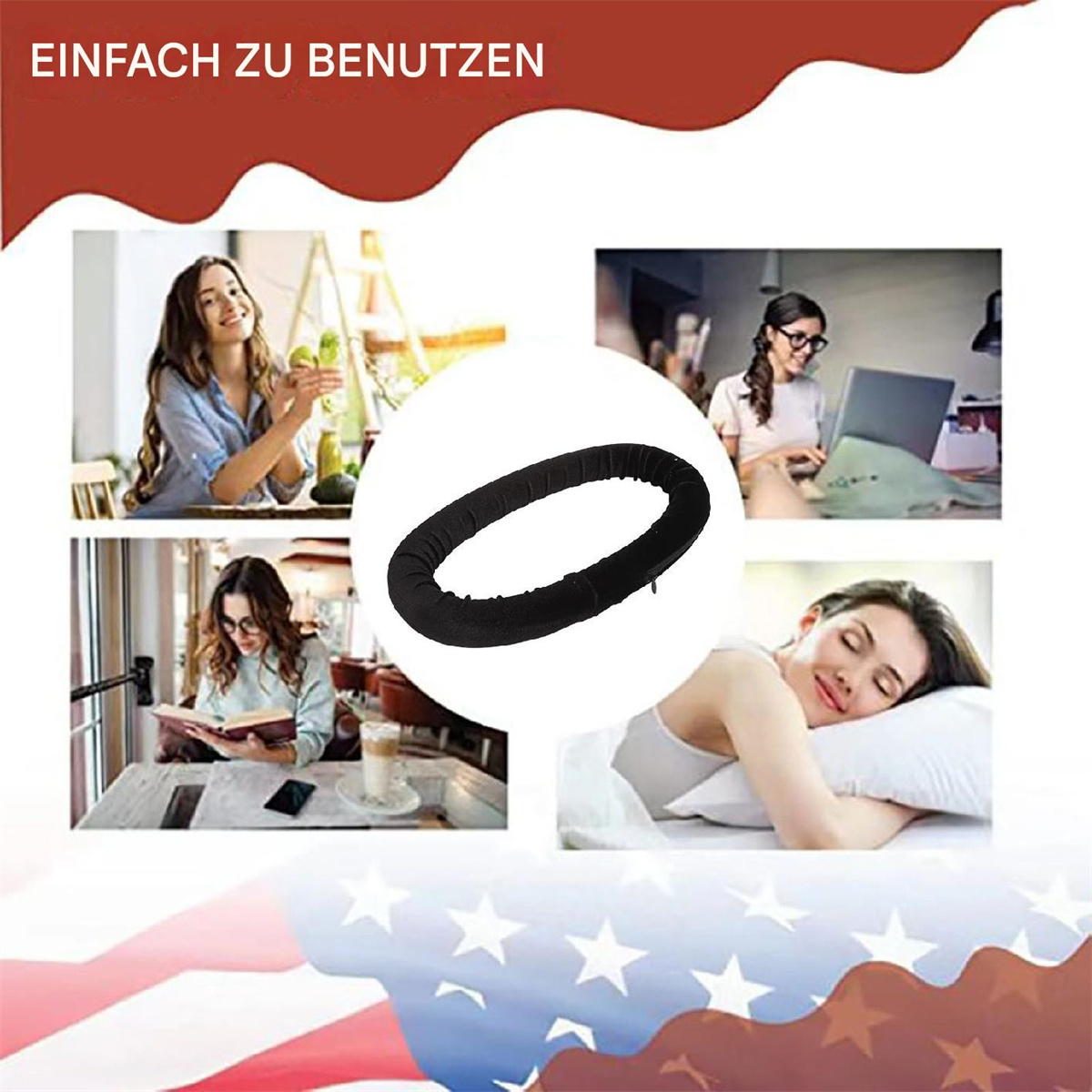 Rundes Nackenkissen, umgeben von Bildern von Personen, die es benutzen.