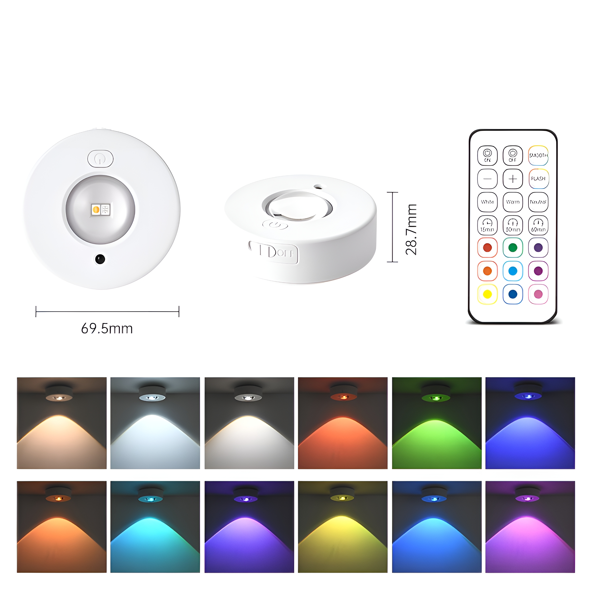 Weiße LED-Puck-Leuchte und Fernbedienung. Die Fernbedienung hat Farboptionen.