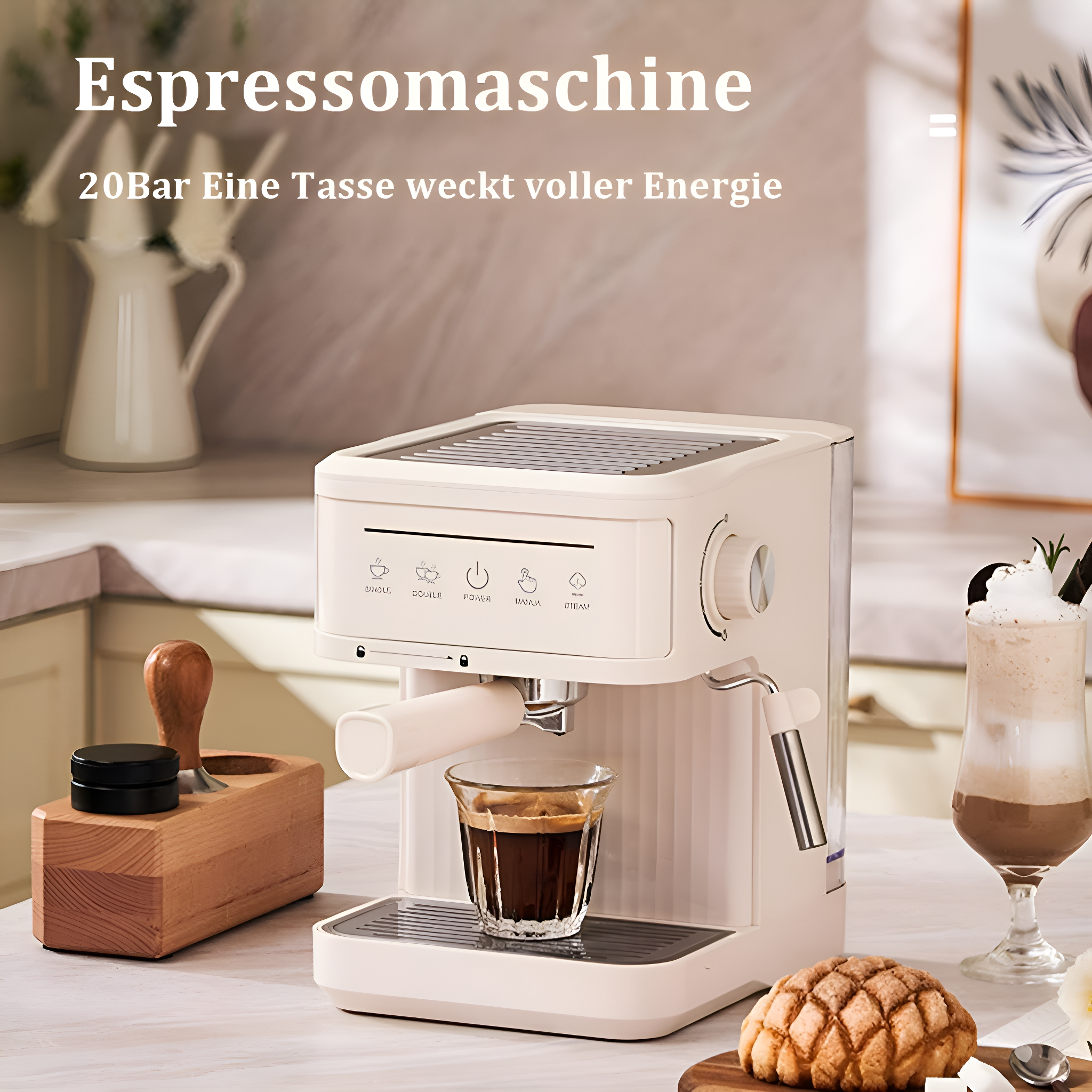 Espressomaschine mit einer Tasse Kaffee, Brot und einem Holzstampfer. Text sagt 'Espressomaschine'.