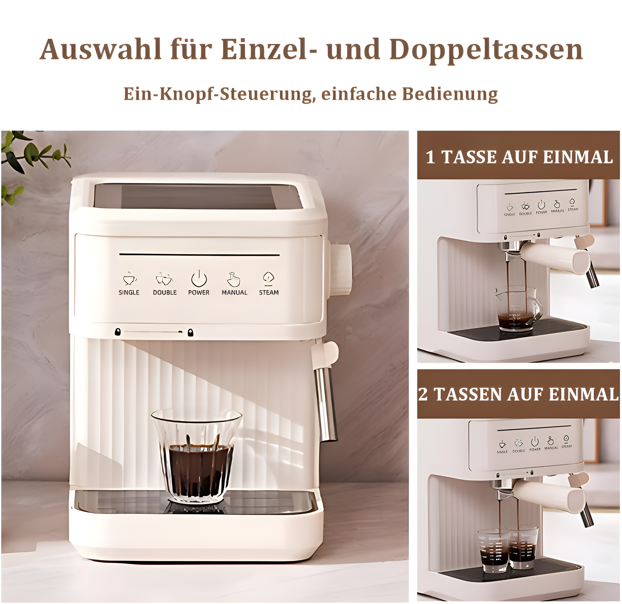 Eine weiße Kaffeemaschine mit einem Glas Kaffee. Text auf Deutsch. Maschine hat zwei Optionen.