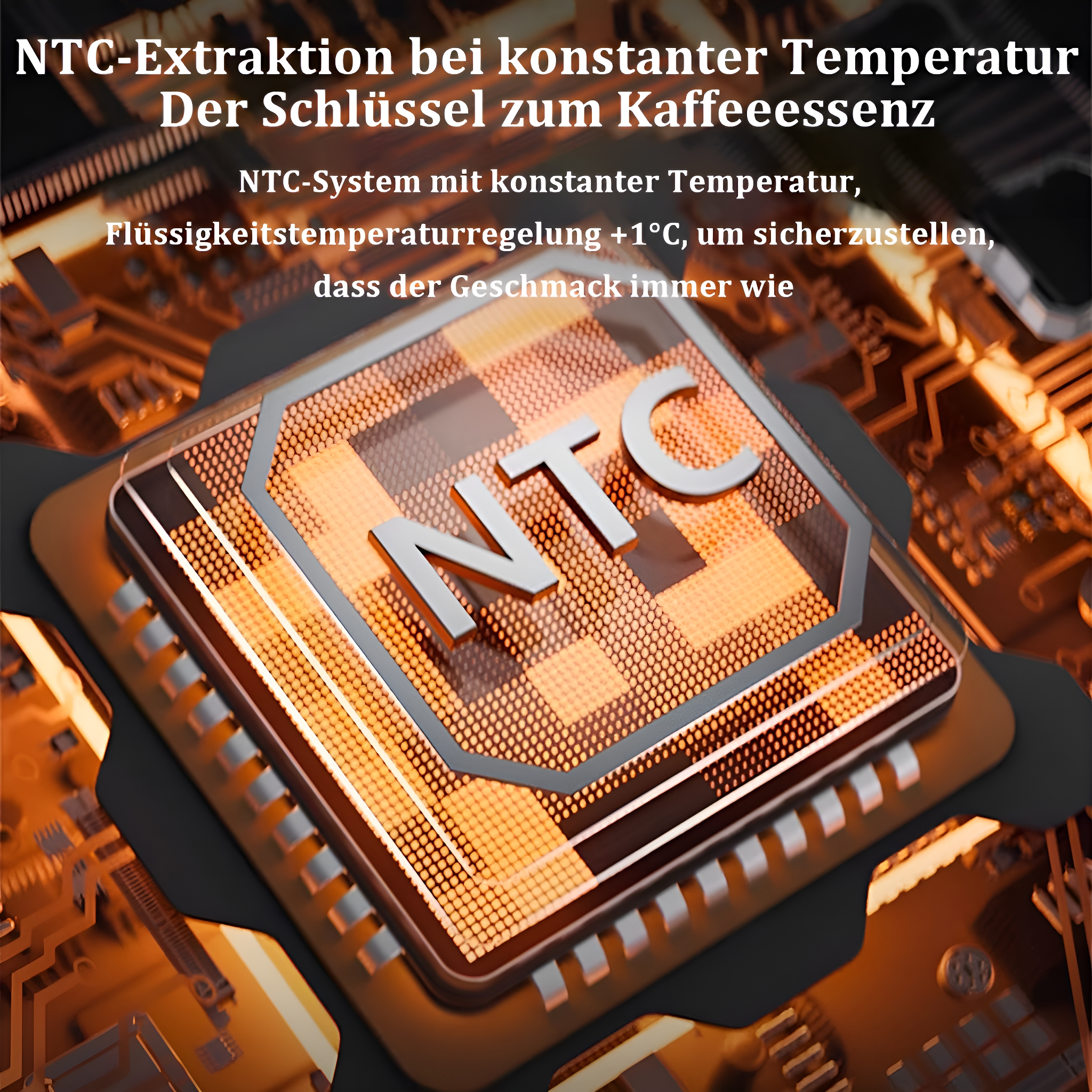 Nahaufnahme einer Leiterplatte. Text: NTC-Extraktion bei konstanter Temperatur. NTC-System mit konstanter Temperatur.