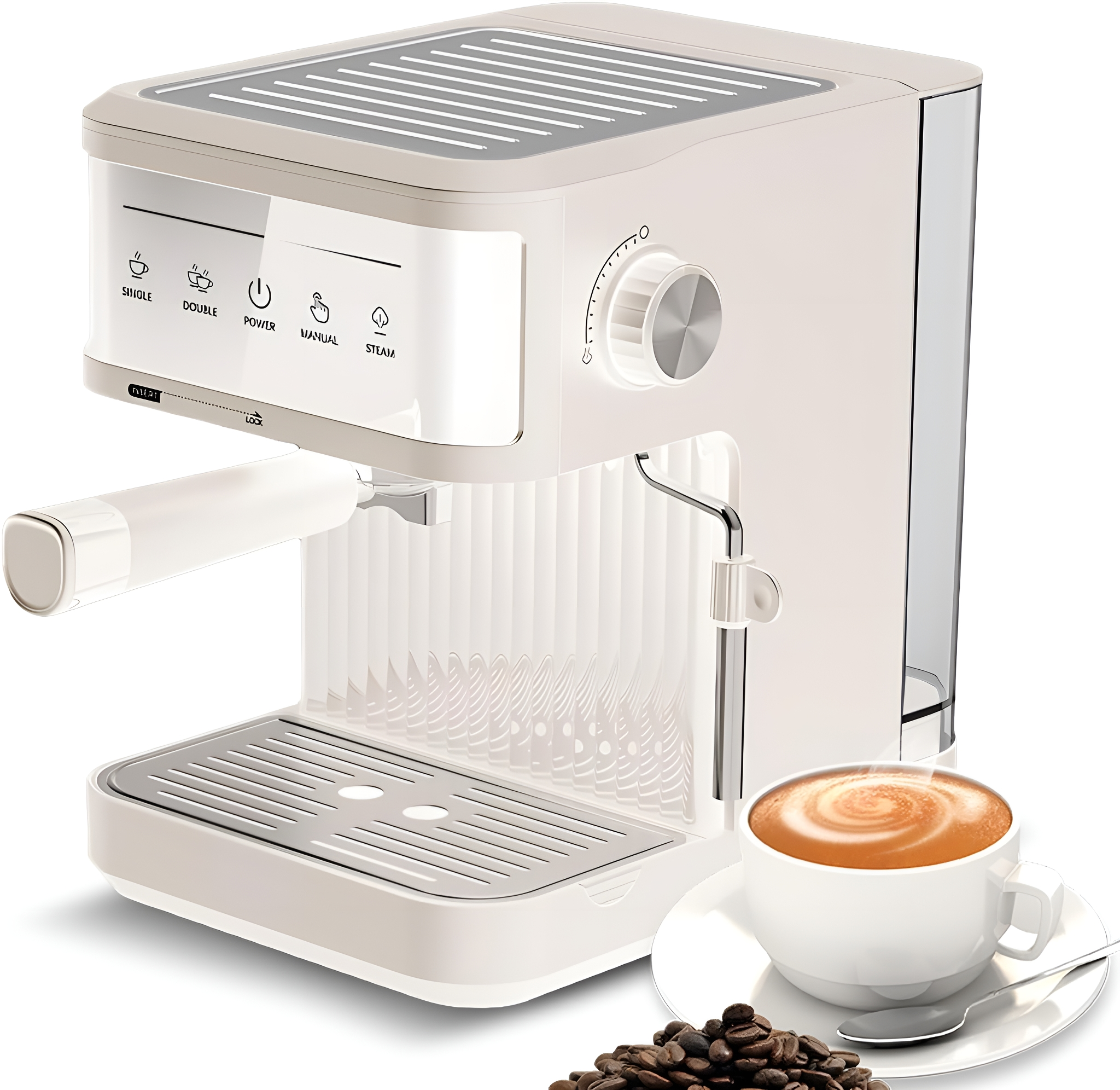 Espressomaschine mit einer Tasse Kaffee und Kaffeebohnen auf weißer Oberfläche.