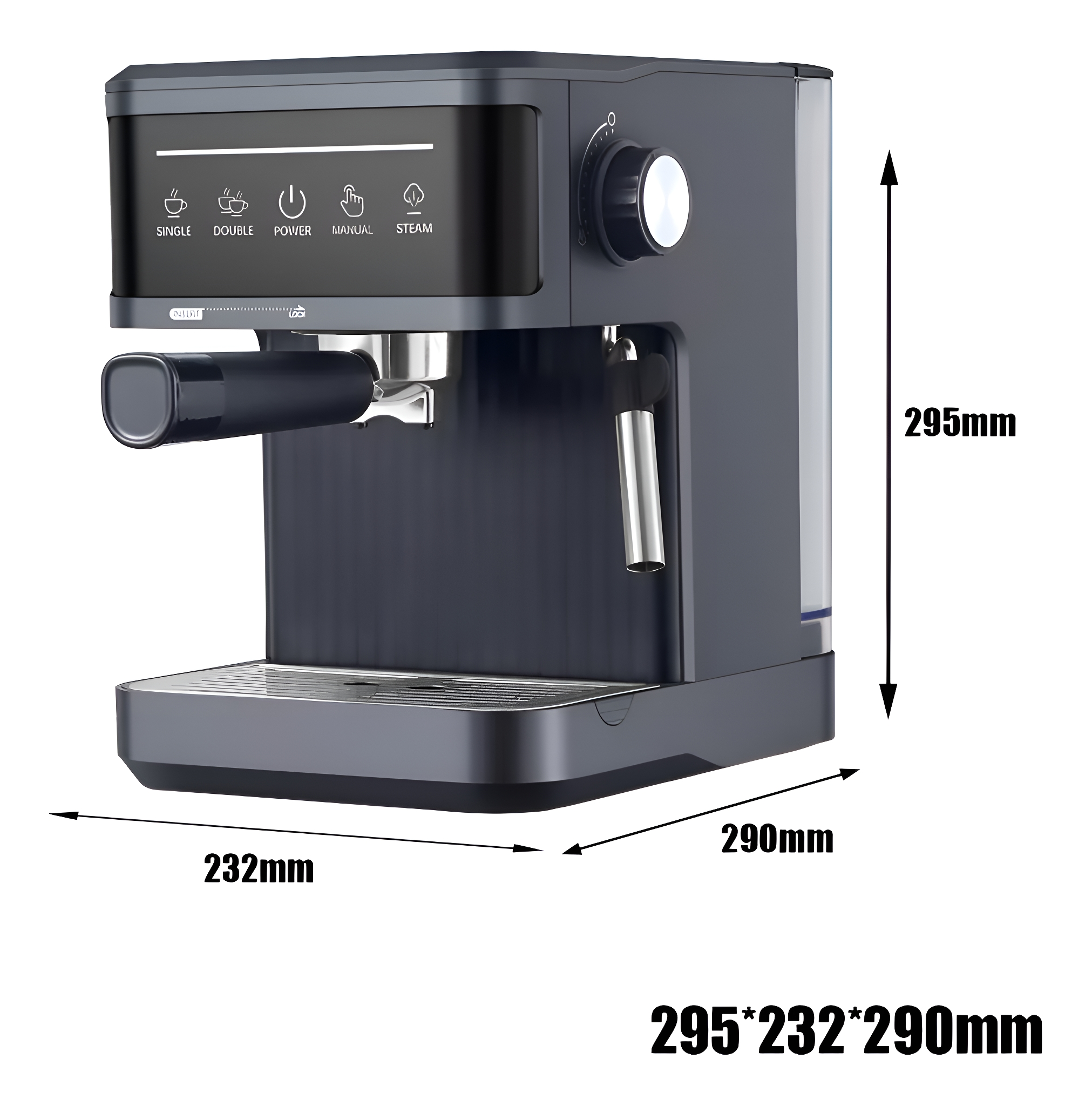 Eine Espressomaschine, schwarz und grau, mit Knöpfen und angegebenen Abmessungen.
