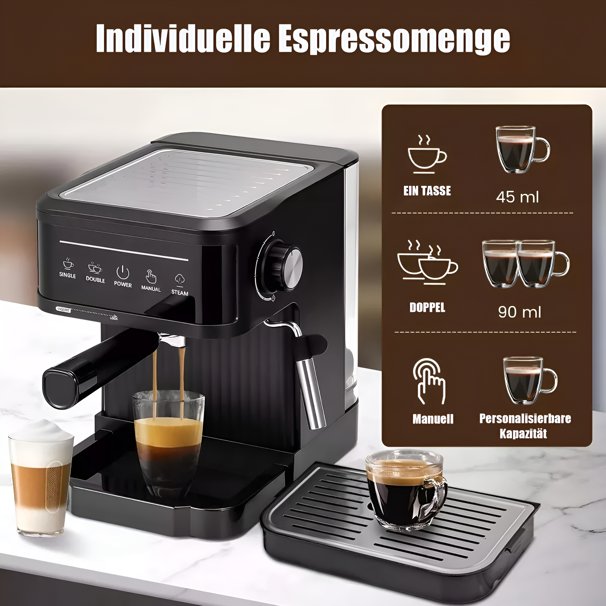 Espressomaschine, Kaffee wird in ein Glas gegossen, und zwei Tassen.
