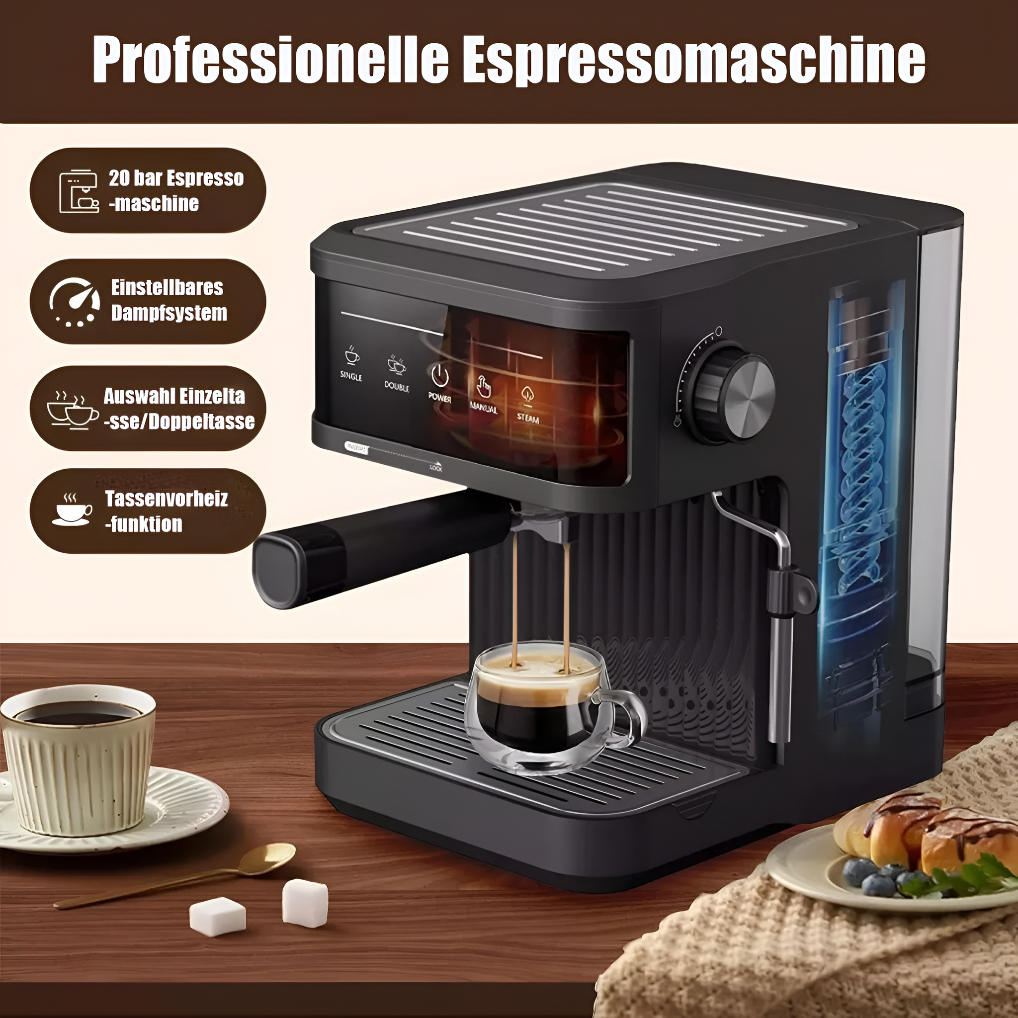 Espressomaschine mit Kaffee, der in eine Tasse gegossen wird, plus Kaffeezubehör.