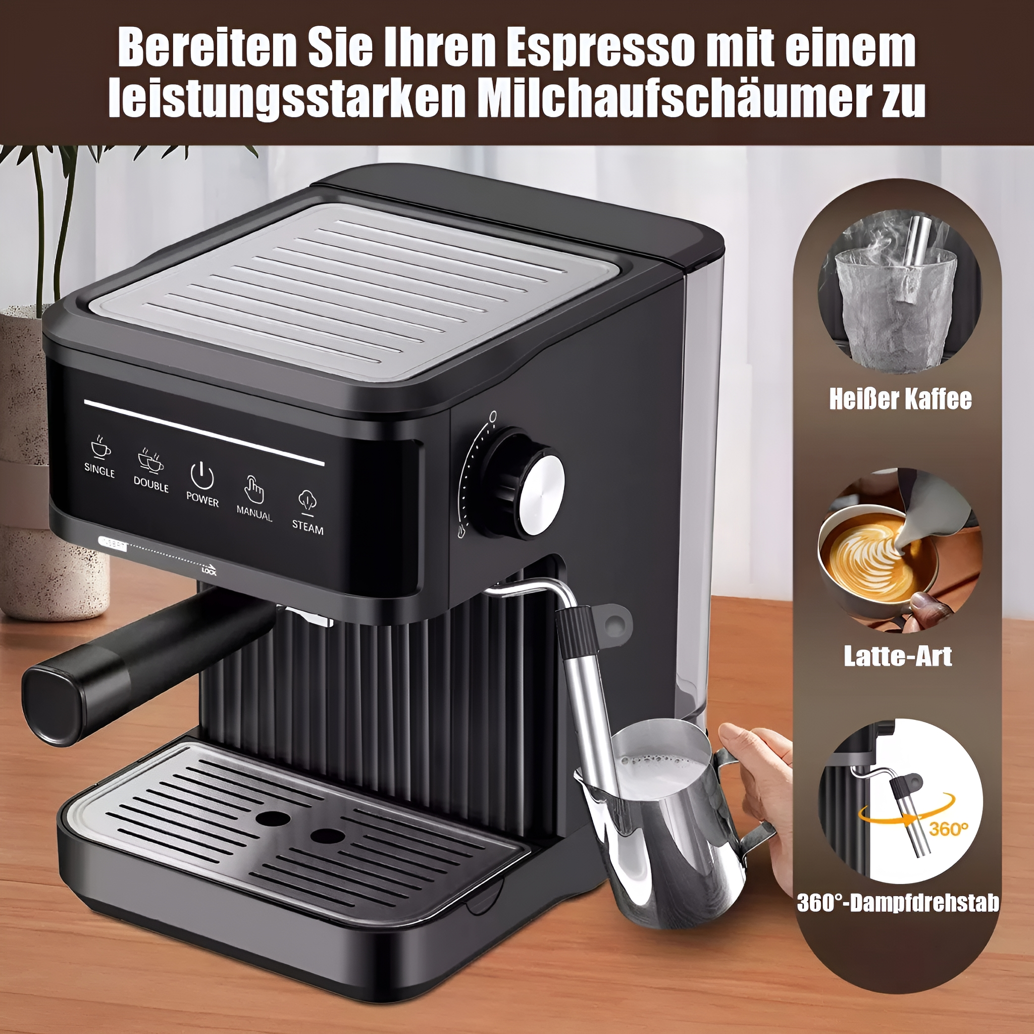 Eine Espressomaschine mit Bildern von heißem Kaffee, Latte Art und einem rotierenden Dampfstab.