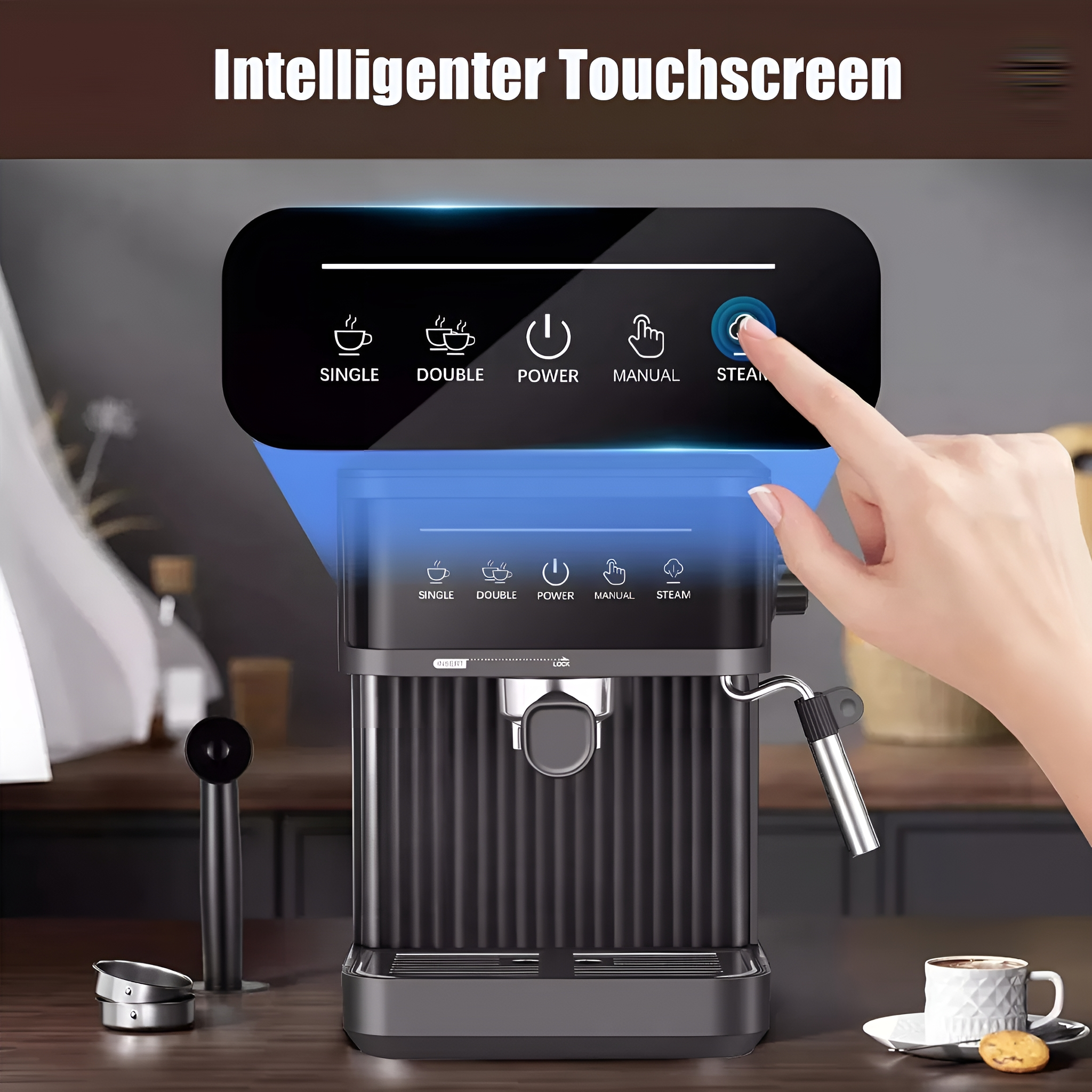 Espressomaschine mit Touchscreen-Oberfläche, Finger berührt Dampf-Knopf.