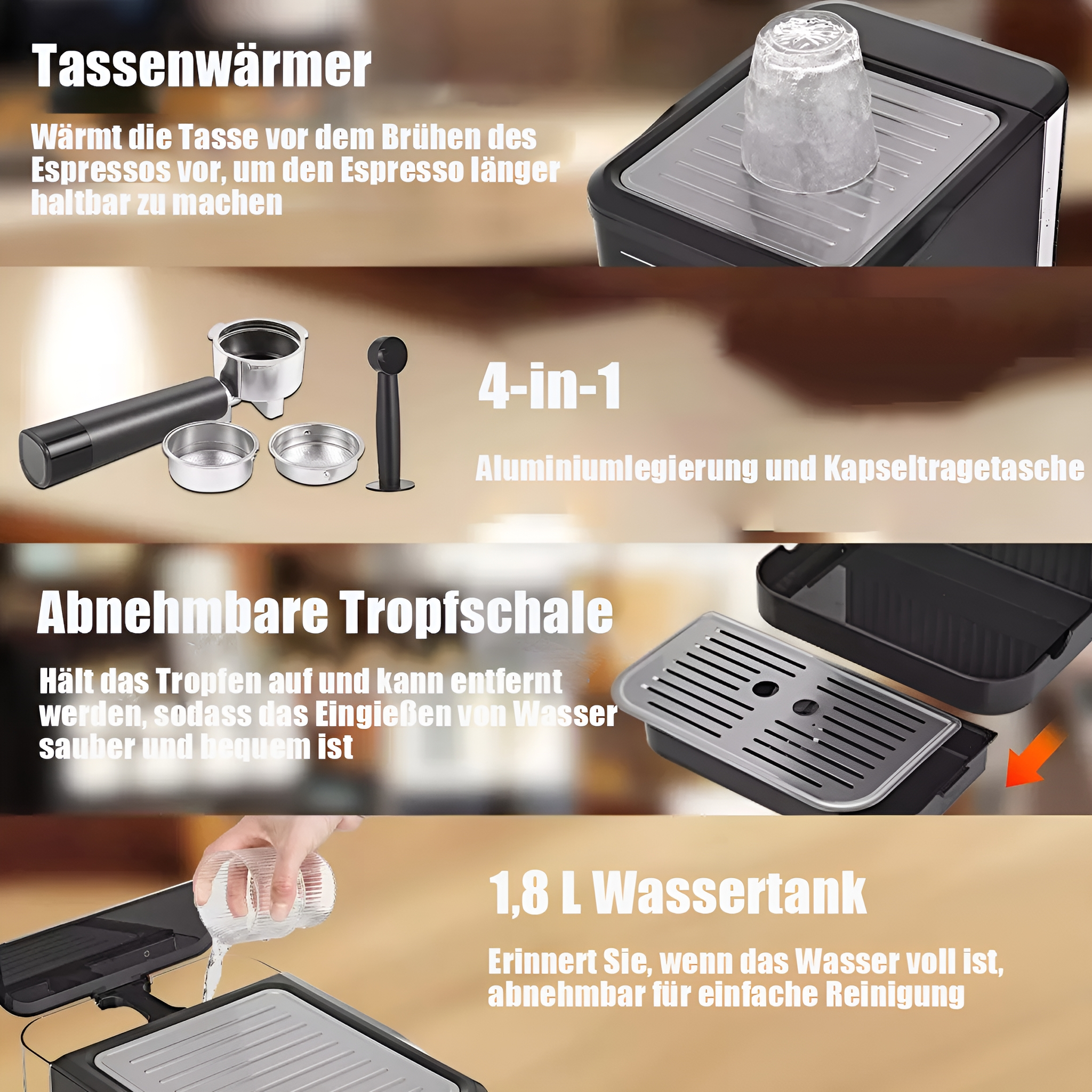 Espressomaschine mit Tassenwärmer, Filter und 1,8L Wassertank. Details zu Komponenten und Funktionen.