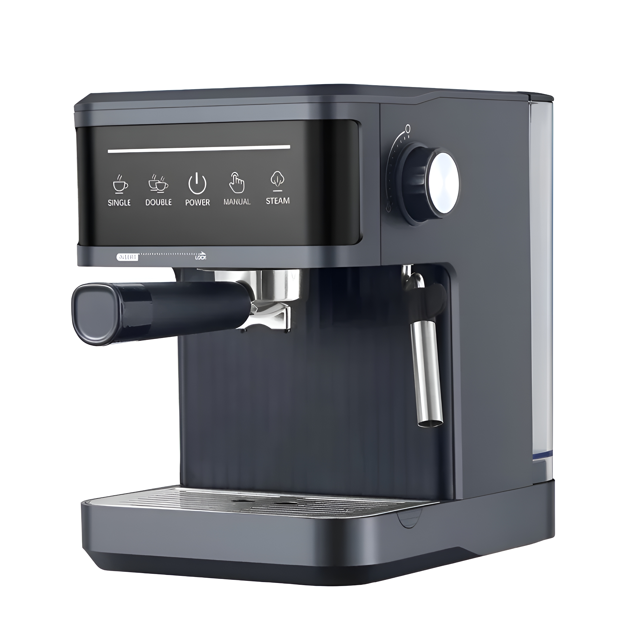 Eine dunkelgraue Espressomaschine mit mehreren Knöpfen und einer Dampflanze.