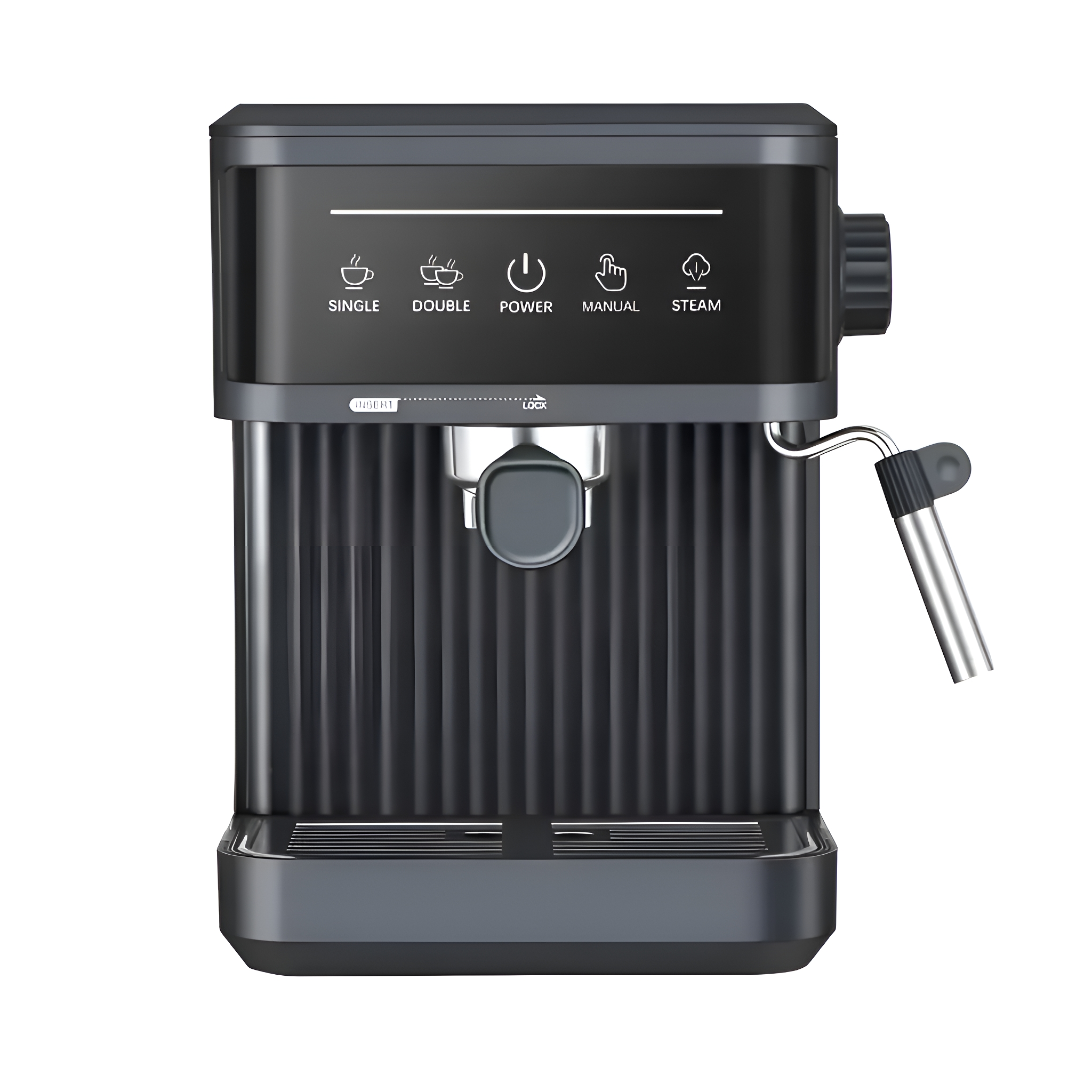 Schwarze Espressomaschine mit Knöpfen, Dampflanze und Tropfschale.
