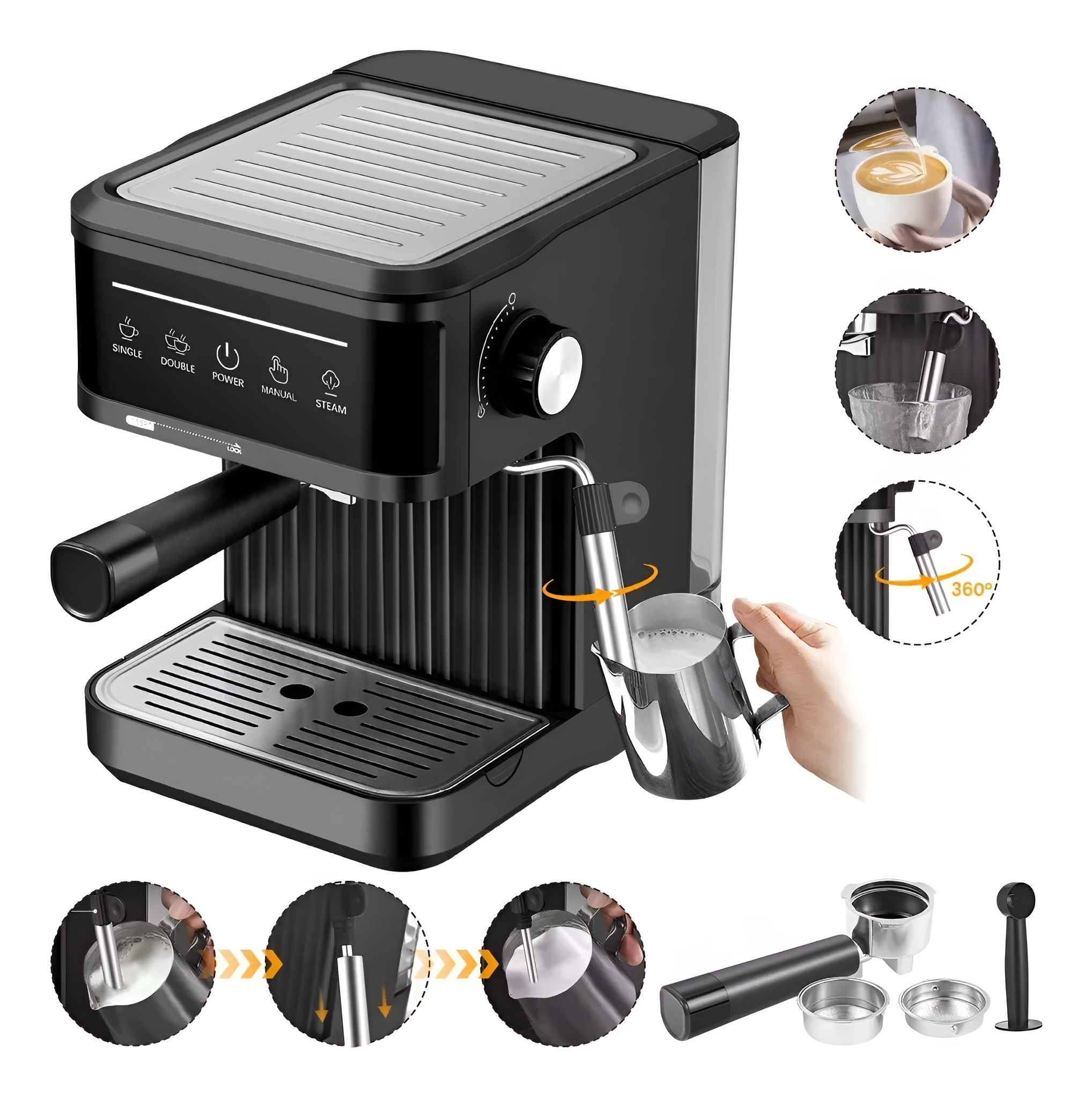 Eine schwarze Espressomaschine mit Dampflanze, Siebträger und Milchkanne sind sichtbar.
