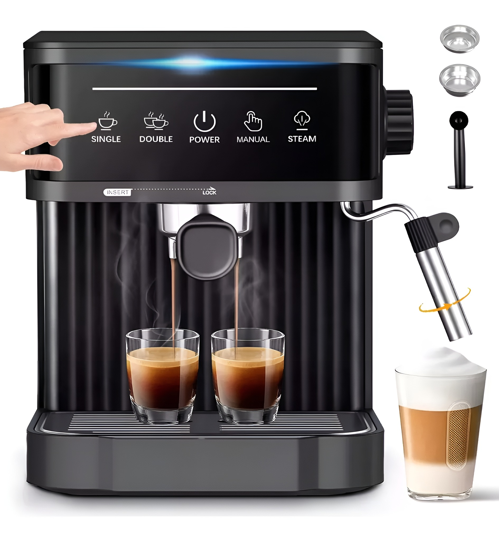 Espressomaschine, die Kaffee in zwei Gläser brüht, mit separatem Milchaufschäumer. Schwarz und Silber.