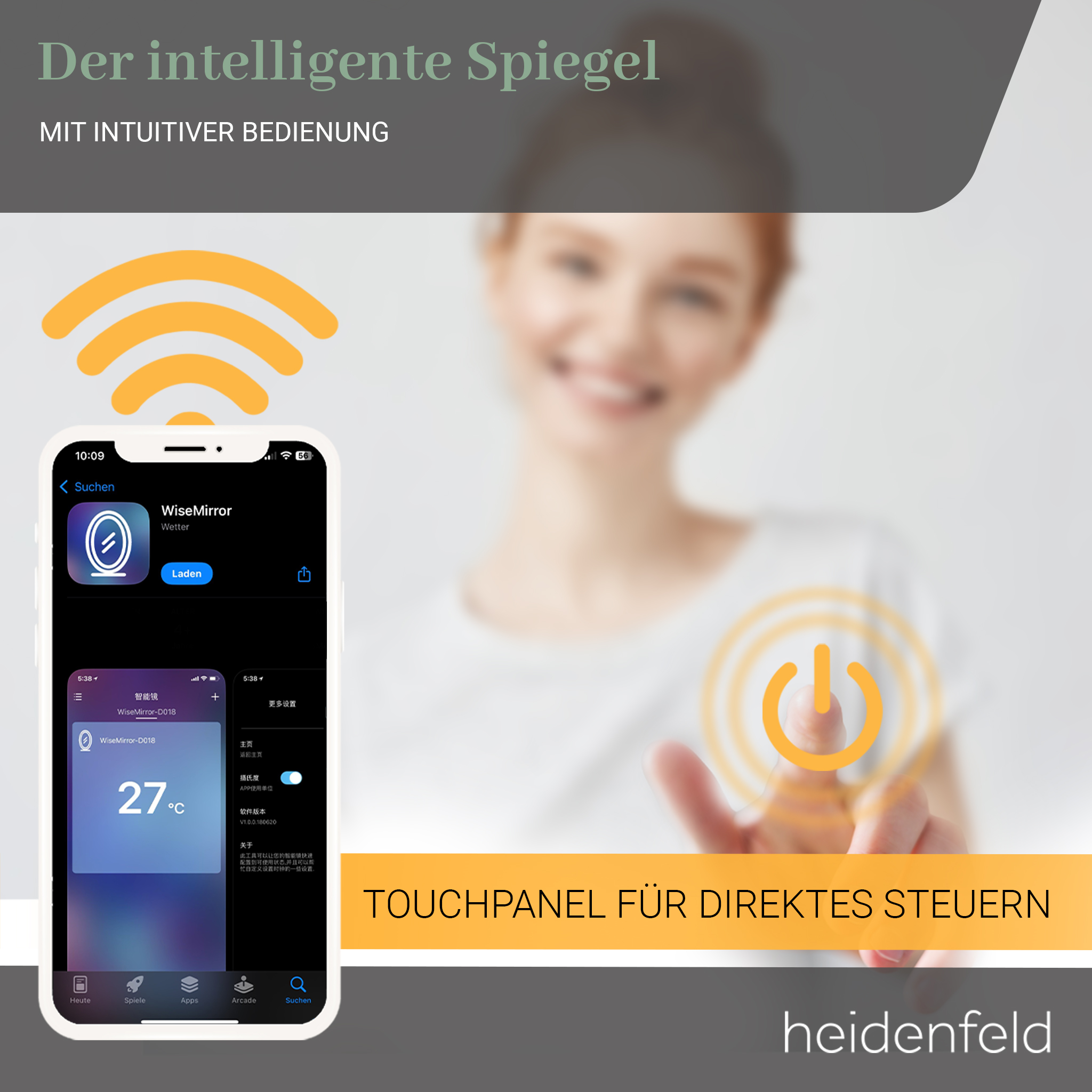 Ein Smartphone, das mit einem Touchscreen verbunden ist, auf dem eine App das Wetter anzeigt und ein Power-Button.
