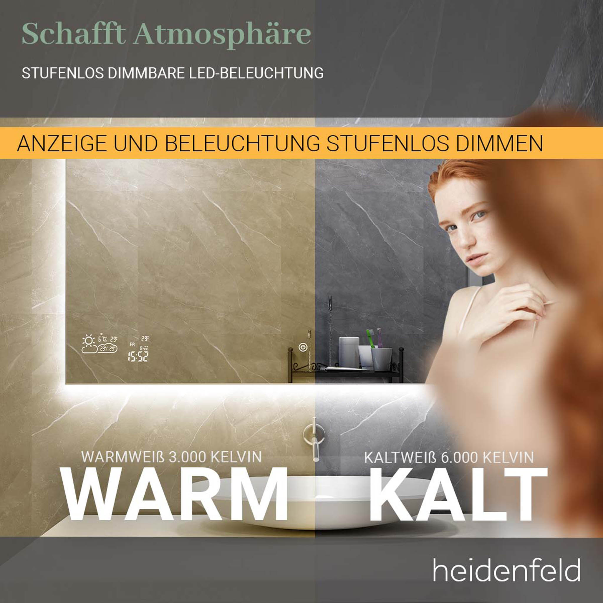 Ein Spiegel mit dem Gesicht einer Frau auf der rechten Seite. Er hat eine Anzeige mit Uhrzeit und Temperatur.
