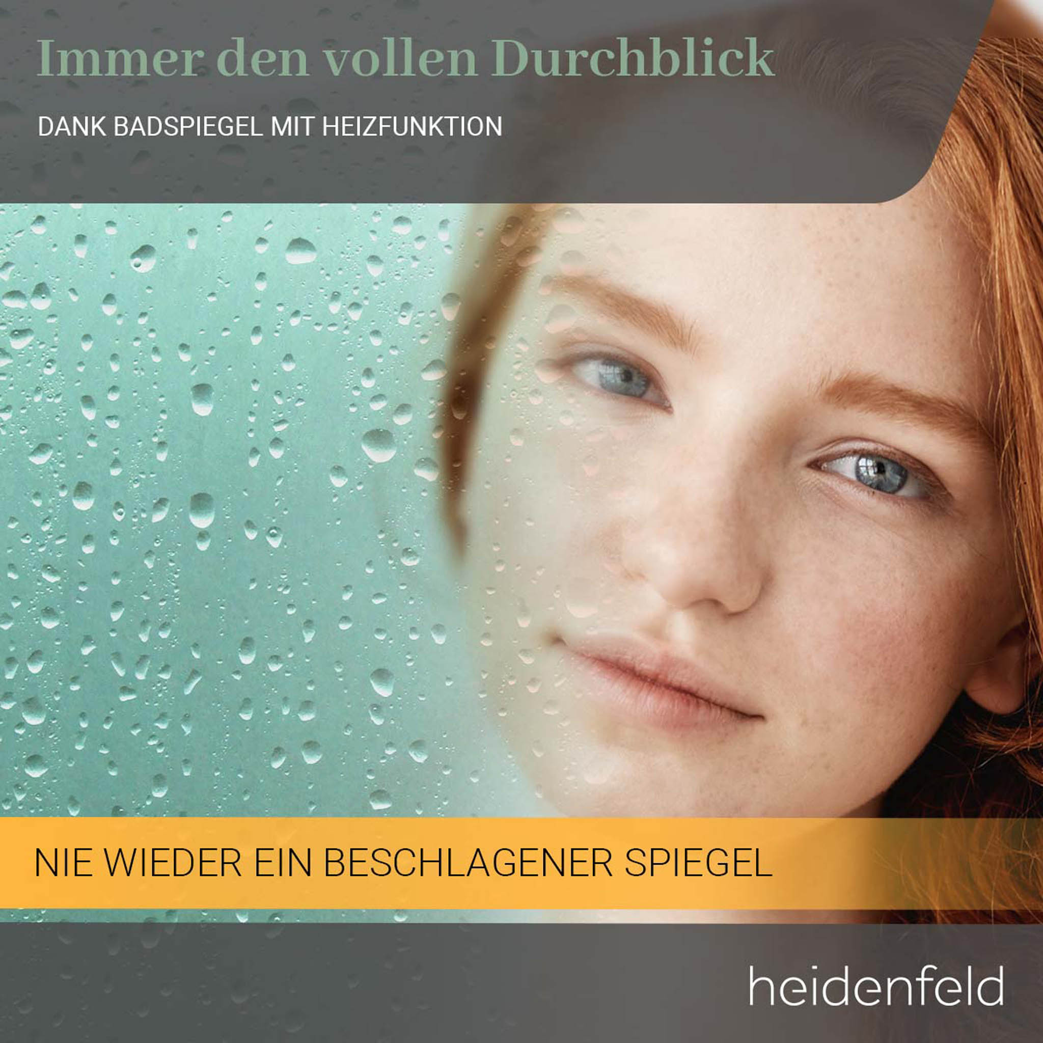 Gesicht einer Frau hinter Glas mit Wassertropfen und Text.