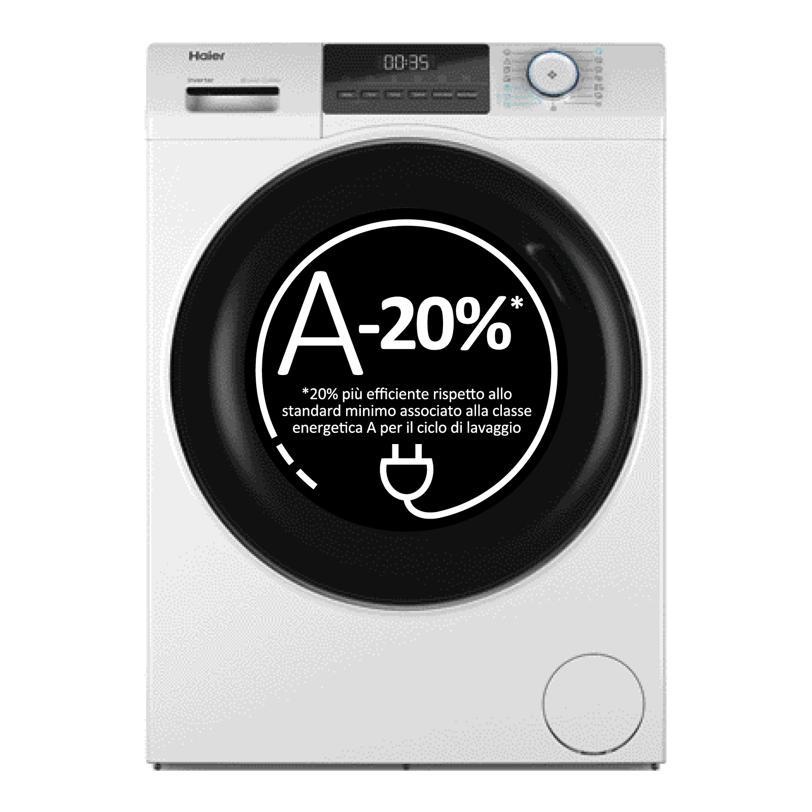 Lavatrice Haier bianca con grande porta nera, che mostra un'etichetta di efficienza energetica, su sfondo bianco.