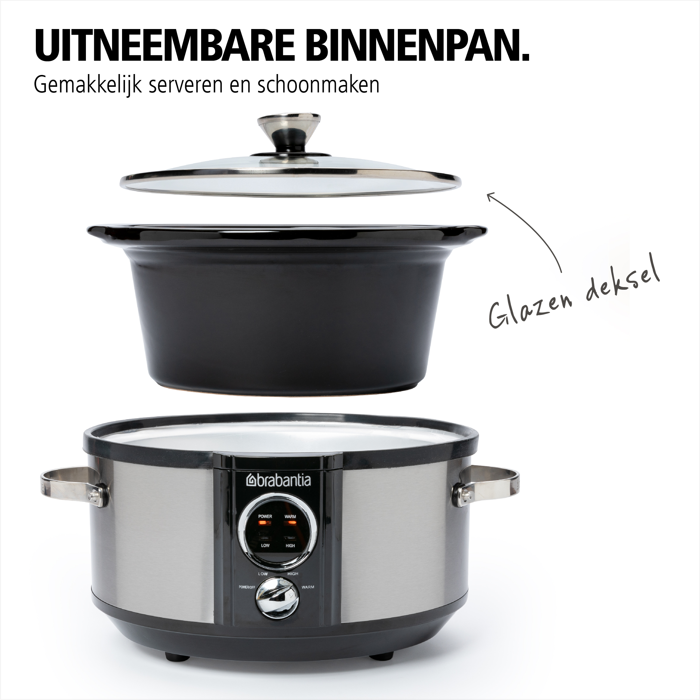 Black slow cooker disassembled, glass lid on top. Stainless steel base with control panel.