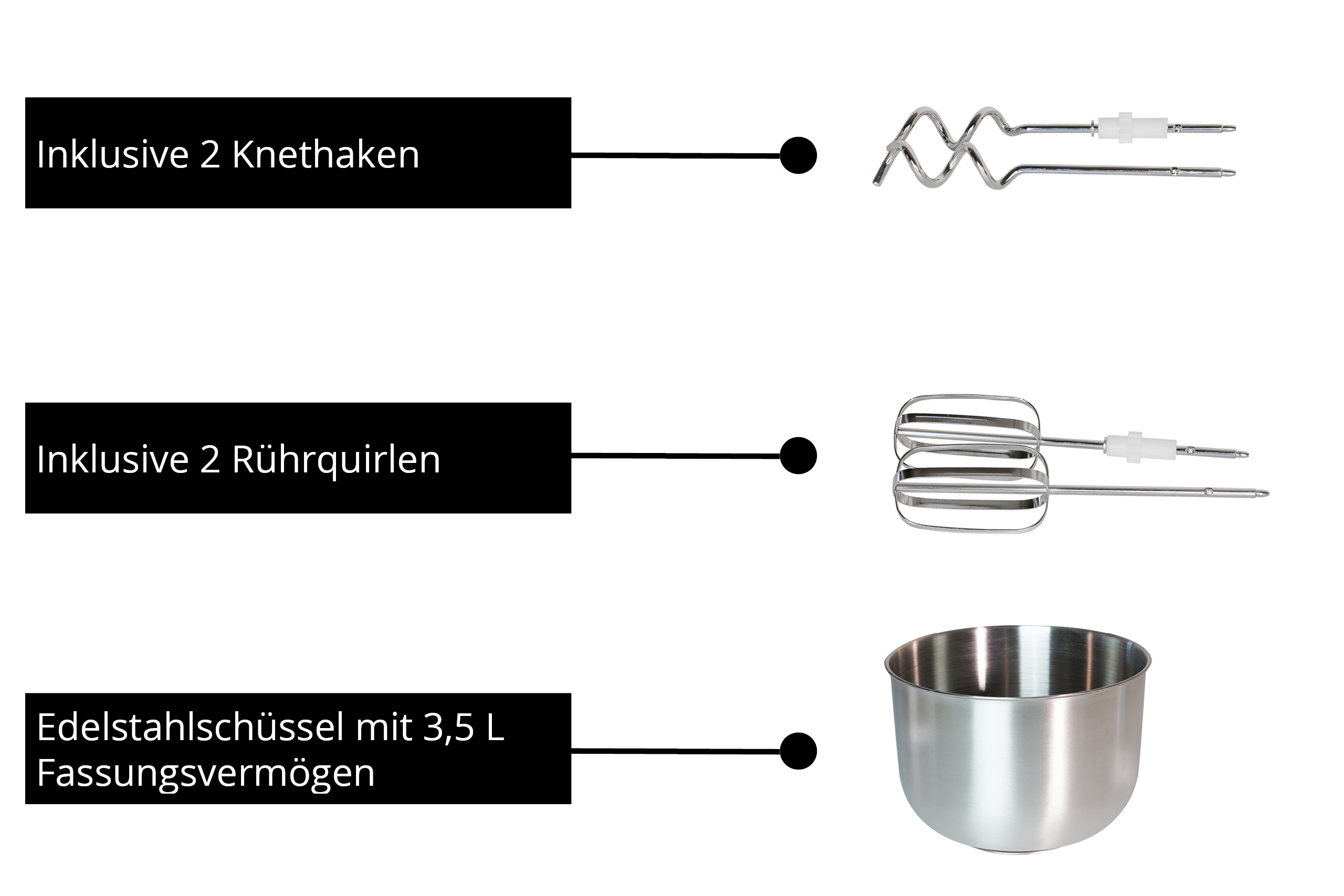Das Bild zeigt ein Mixer-Set mit Knethaken, Schneebesenaufsätzen und einer Edelstahlschüssel auf weißem Hintergrund.