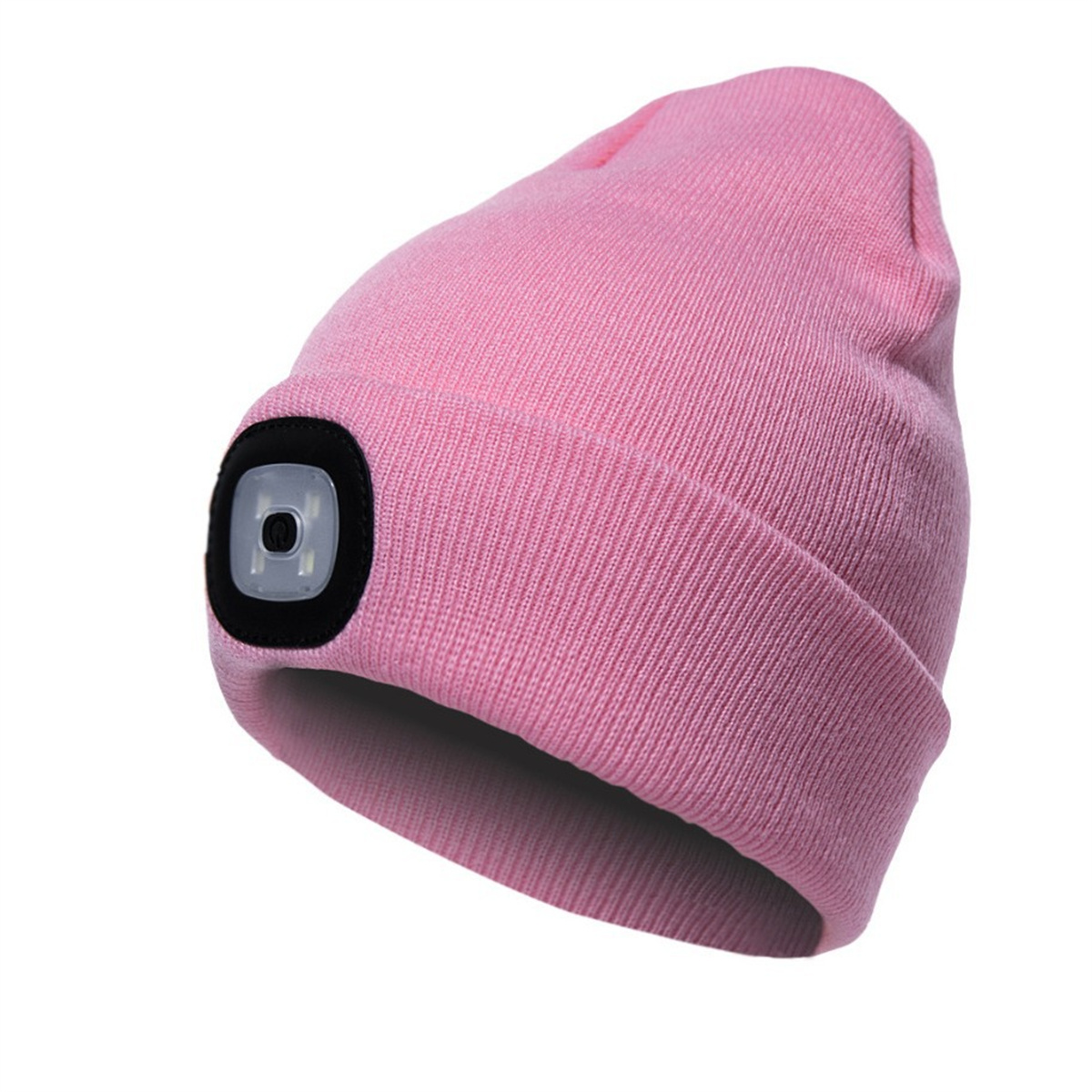 Rosa Beanie-Mütze mit kleiner LED-Leuchte.