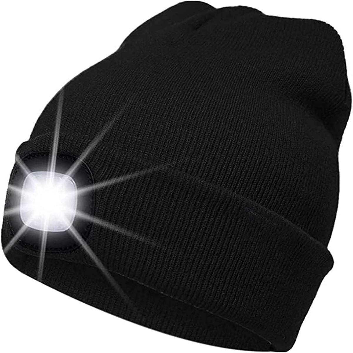 Eine schwarze Mütze mit hellem weißem Licht auf der Vorderseite. Das Licht ist quadratisch. Mütze ist dunkel.