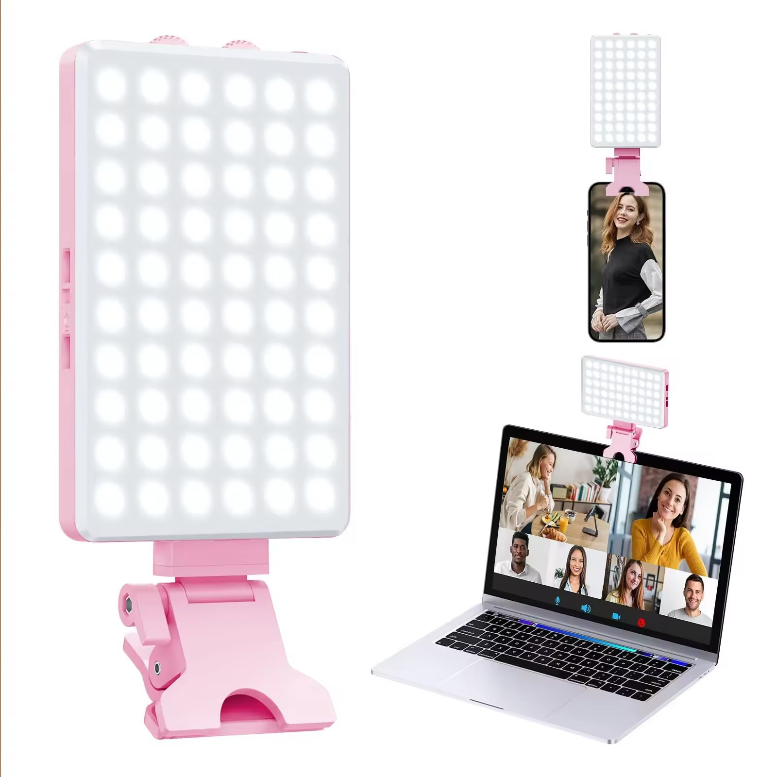Rosa LED-Licht für Videoanrufe, mit Handy- und Laptop-Setup. Mehrere Szenarien.