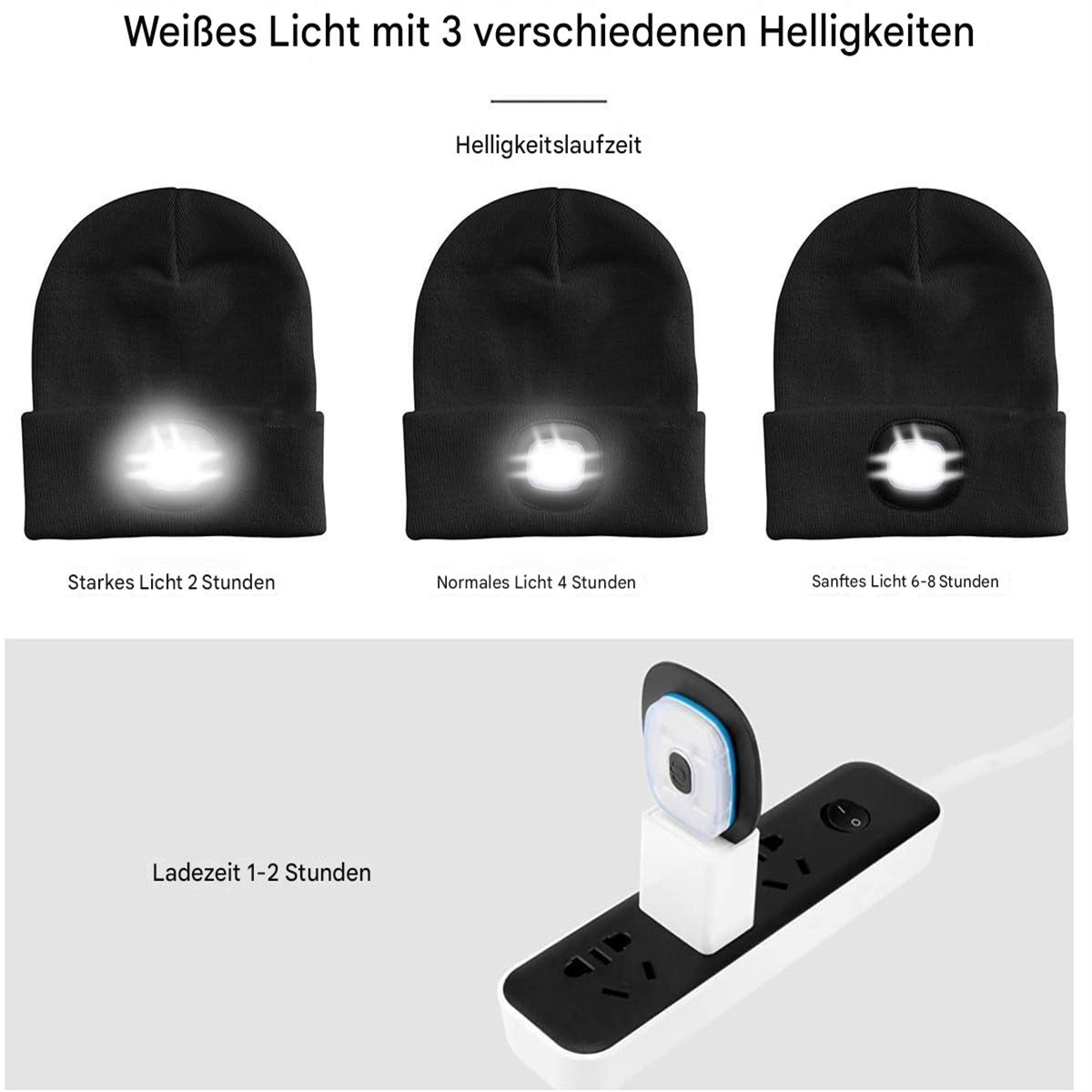 Drei schwarze Mützen mit Lichtern, Ladestecker und Text über Helligkeitsstufen.