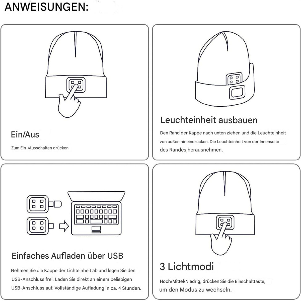 Anleitung für eine Mütze mit Licht. Zeichnungen zeigen, wie man das Licht ein- und ausschaltet und USB-Aufladung.