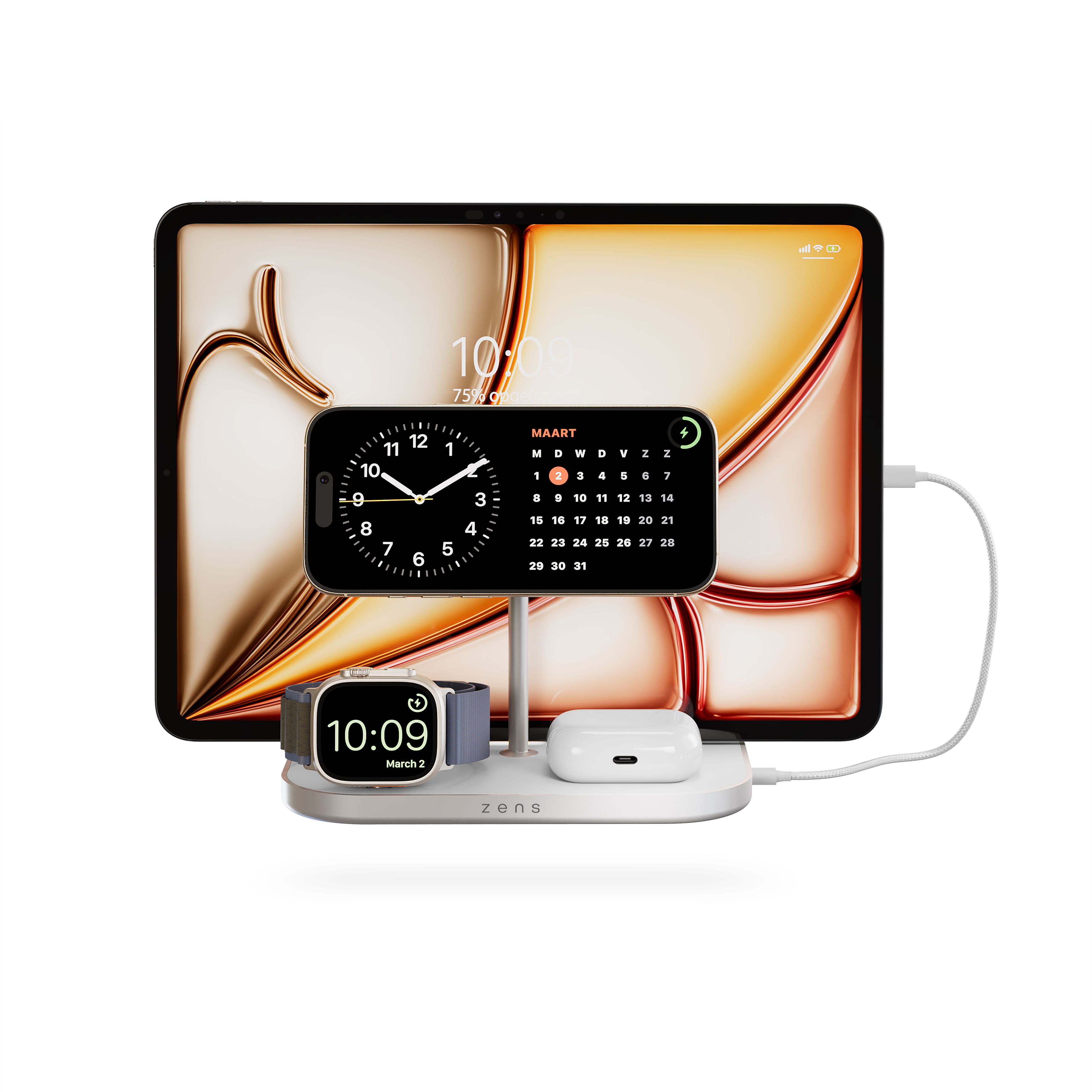Ladestation mit Tablet, Telefon und Uhr auf weißer Oberfläche.
