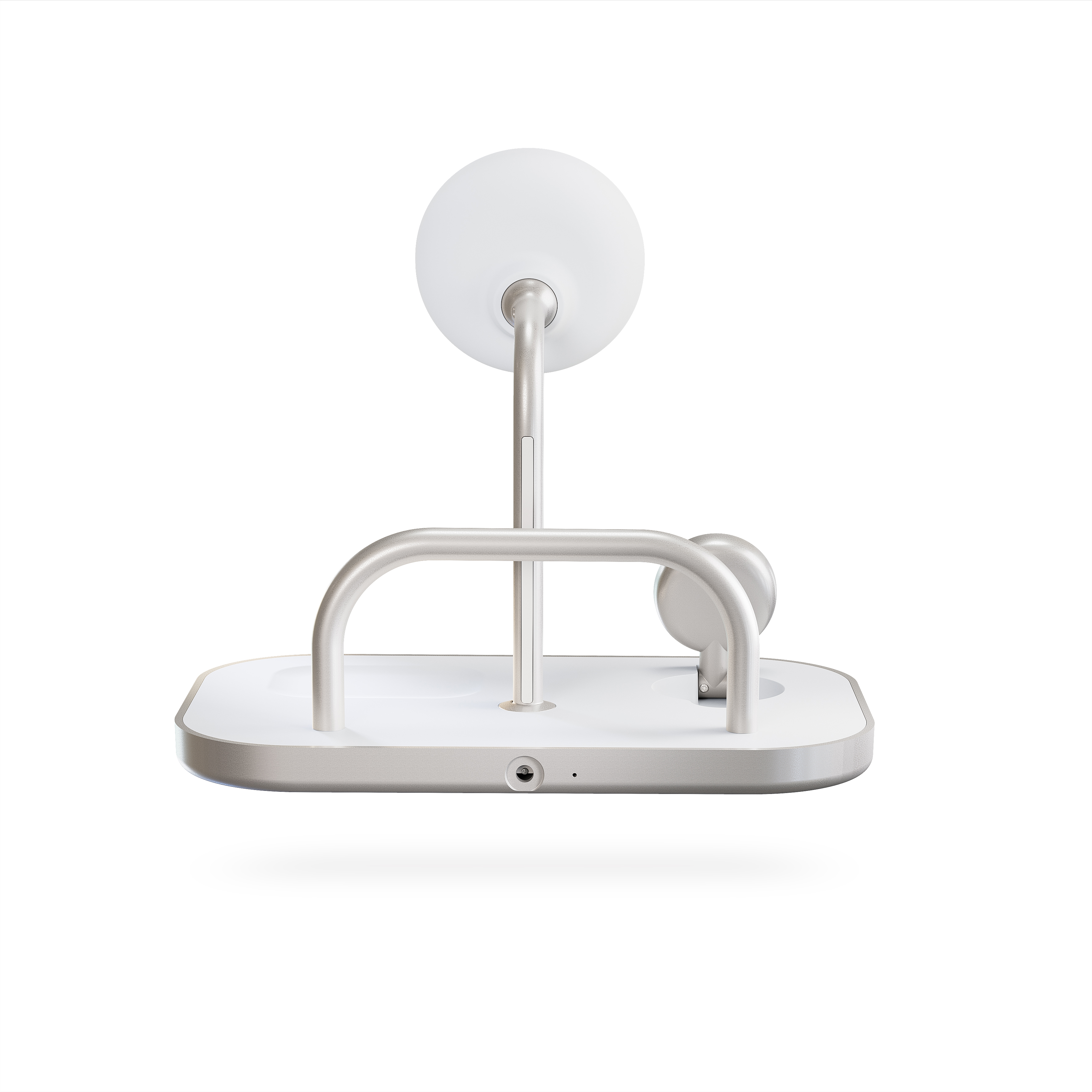 Moderne Schreibtischlampe in Weiß und Silber mit rundem Kopf und Fuß.