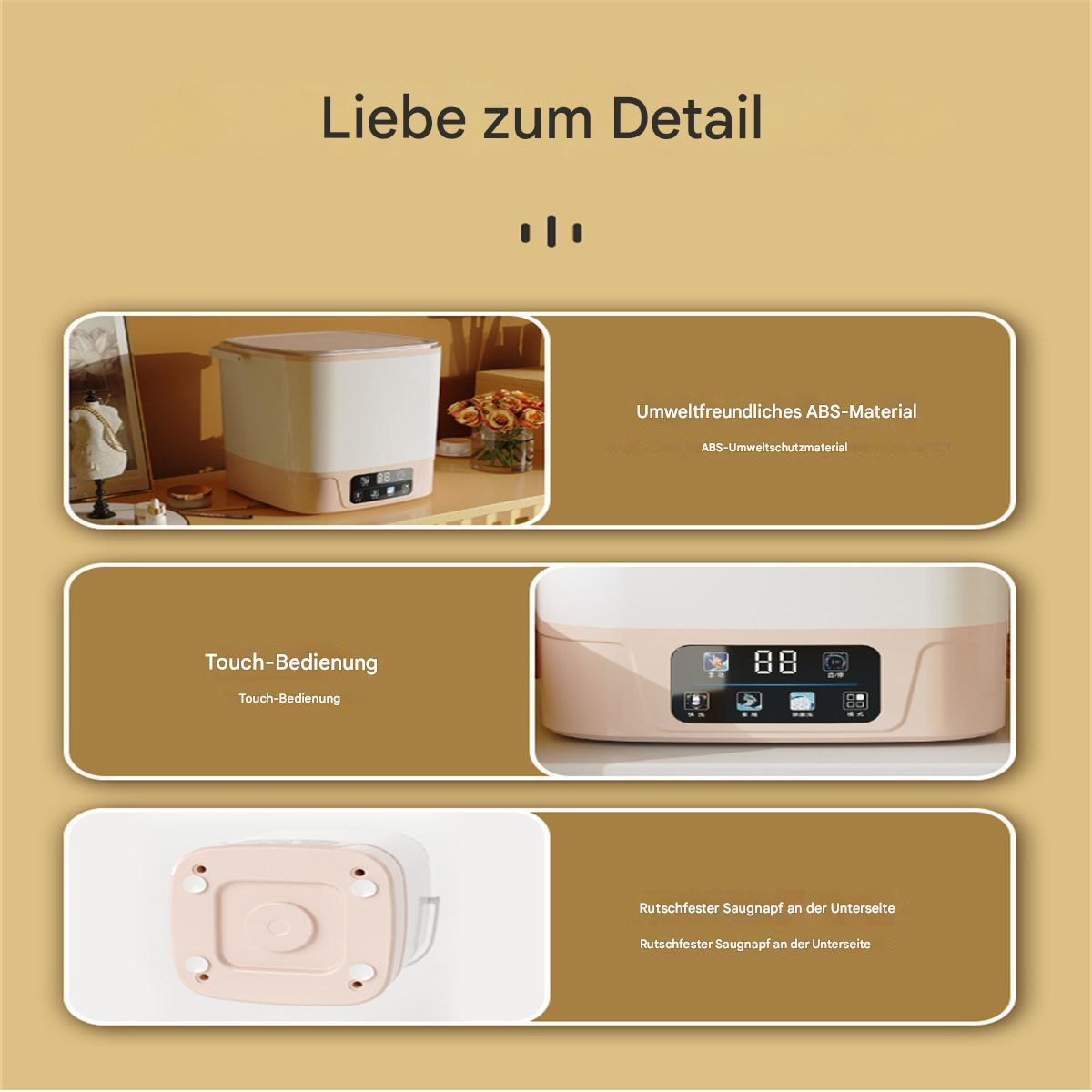 Ein cremefarbenes Gerät mit Touch-Bedienelementen, Diagrammen seiner Funktionen und deutschem Text.