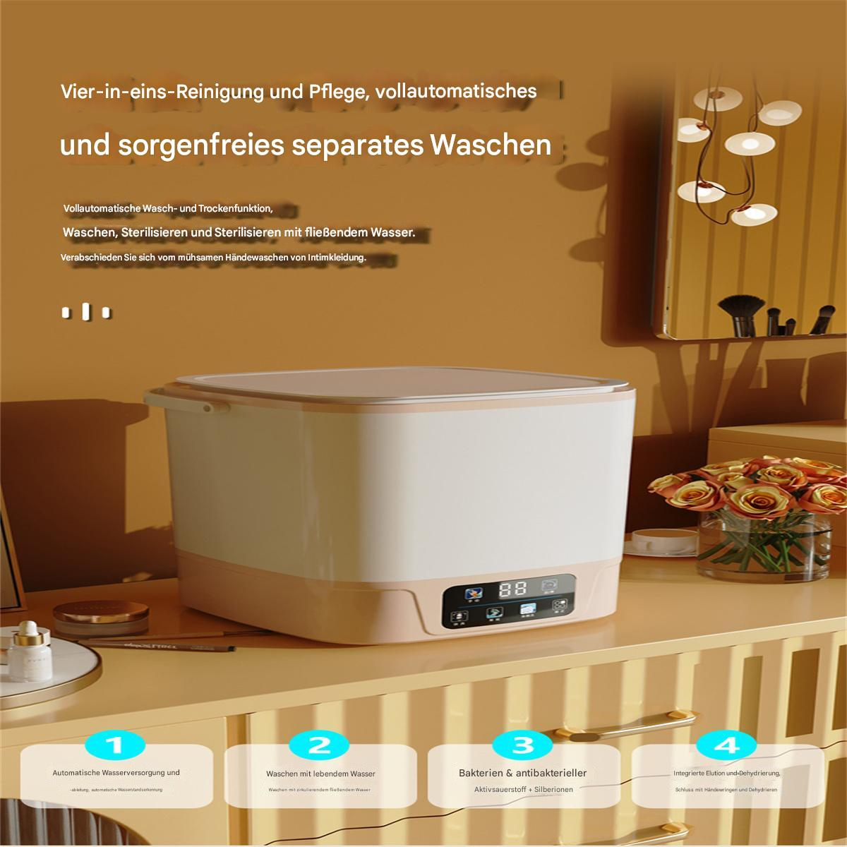 Eine automatische Wasch- und Trockenmaschine in Weiß und Rosa auf einer Kommode.