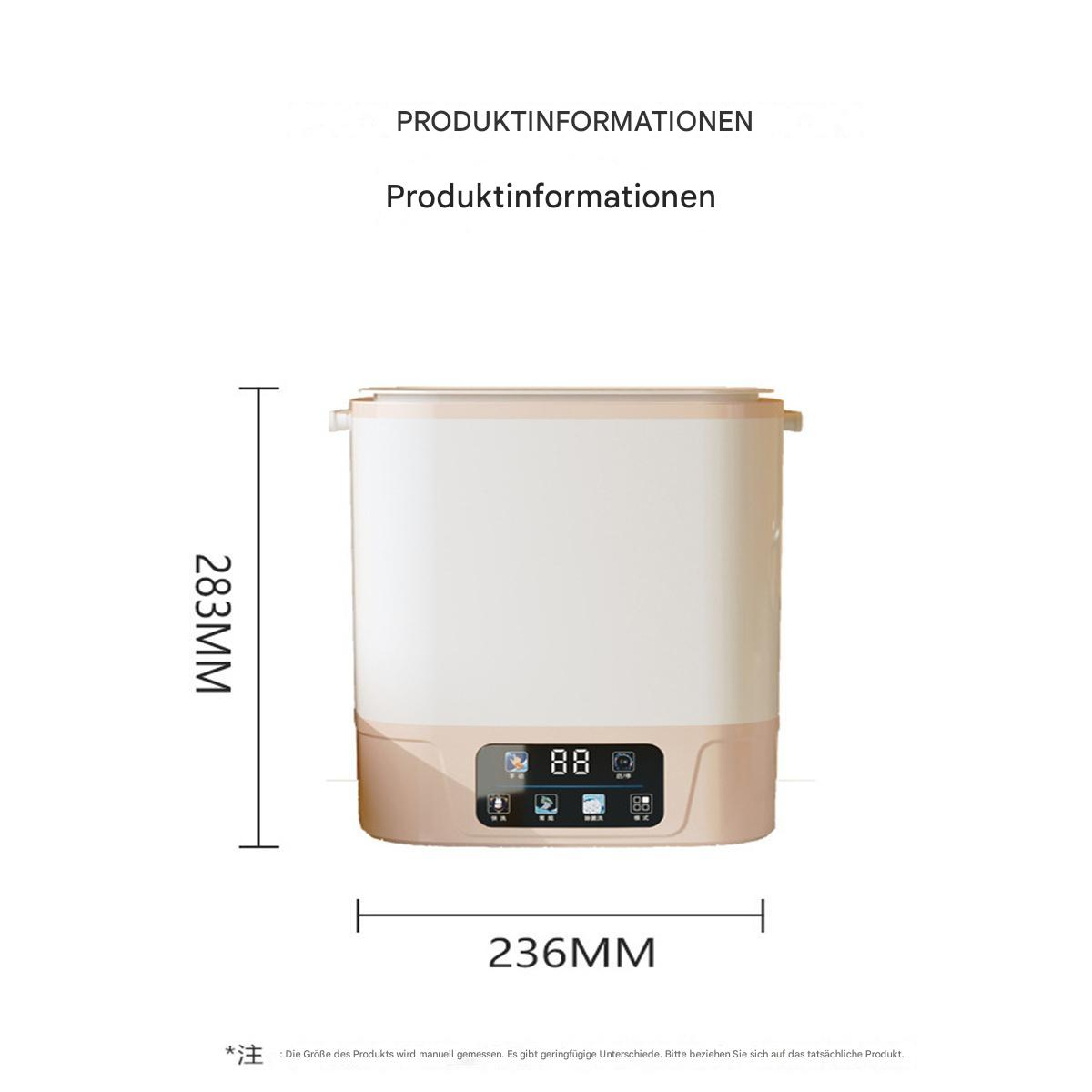Weiß-beige Babyflaschenwärmer. Maße: 283 mm Höhe und 236 mm Breite. Display mit Tasten.