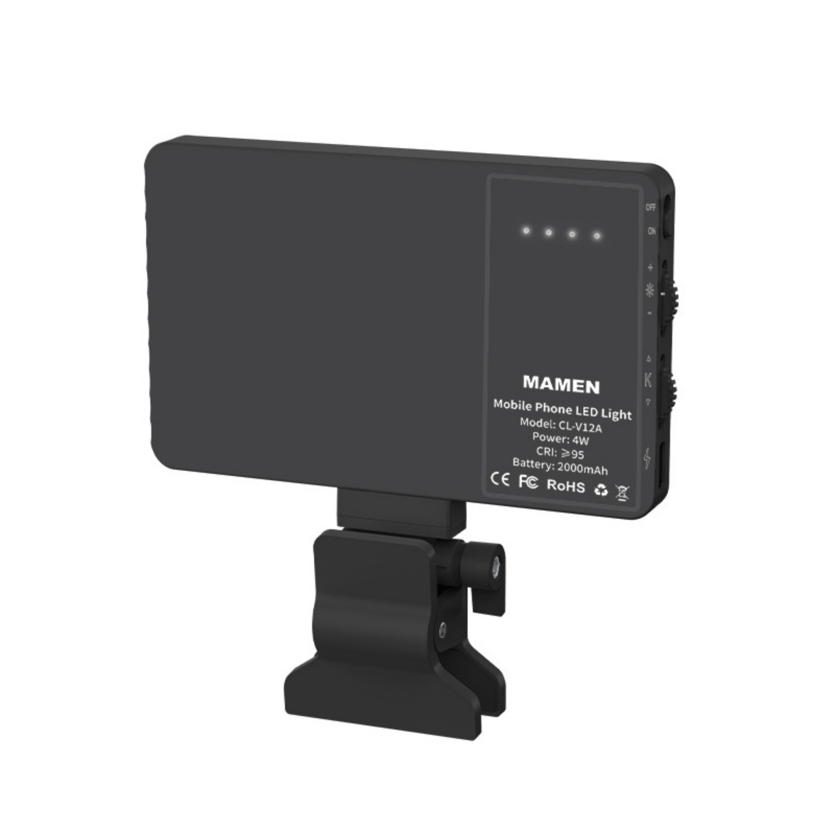 Schwarzes LED-Licht für Mobiltelefone mit Clip, Details auf der Rückseite.