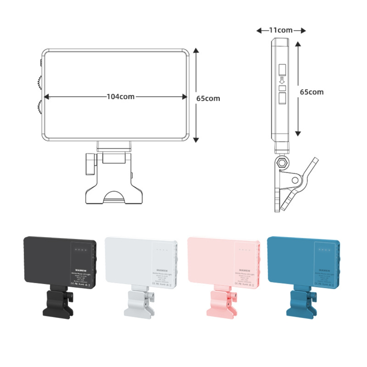 Diagramm eines rechteckigen LED-Lichts mit Abmessungen und vier farbigen Lichtern darunter.