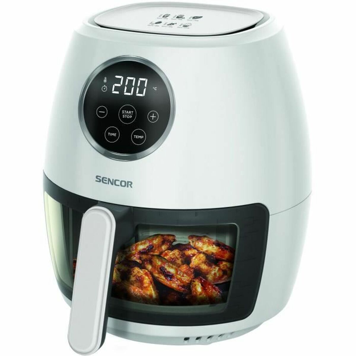 Eine weiße Heißluftfritteuse mit digitaler Temperaturanzeige. Enthält gekochte Hähnchenflügel.