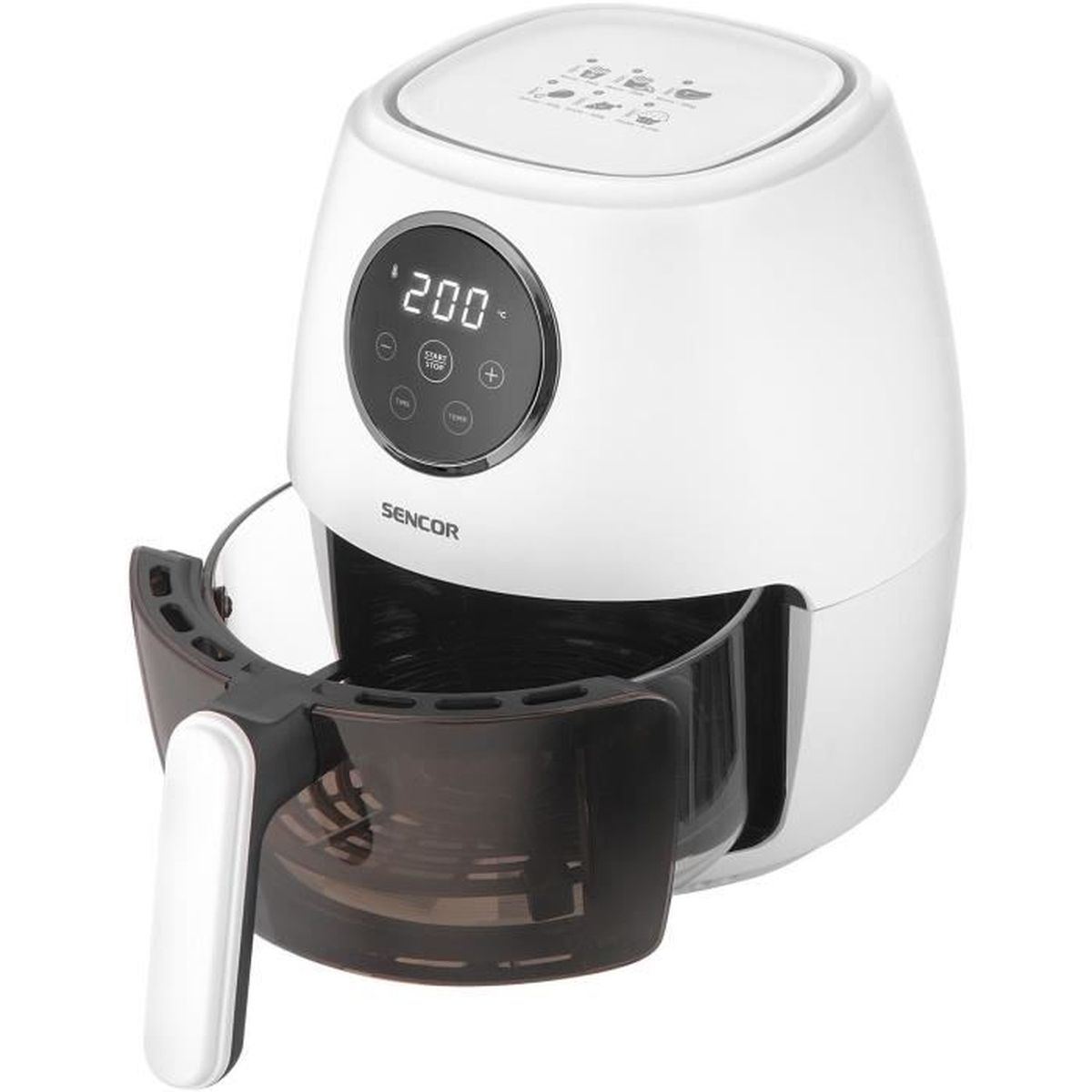 Weißer Airfryer mit schwarzem Griff und Schublade. Digitalanzeige zeigt Temperatur. Marke SENCOR.